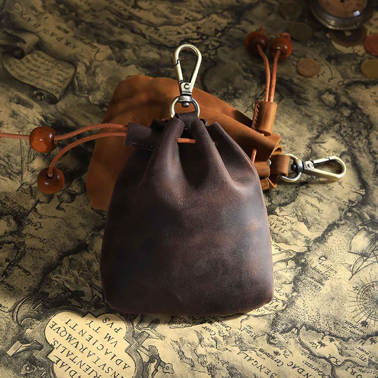 Leather Vintage Drawstring Coin Purse, Retro Nordic Portable Coin Purse Medieval Belt Pouch Mini Pouch Coin Organizer Drawstring Small Hanging Bag Key Bag for Men and Women (Coffee)