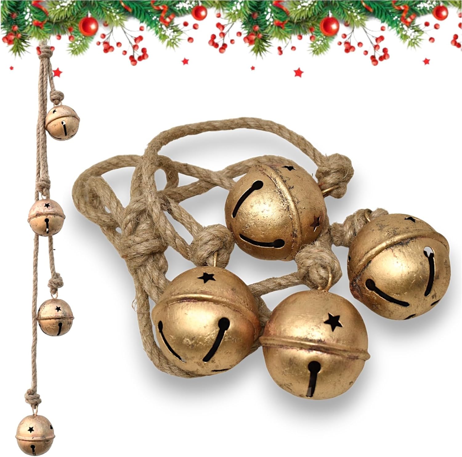 Christmas Sleigh Bells, Hanging Bells Vintage Cowbell Brass Gold Rustic Harmony Metal Jingle Bells Cluster, Tree Bells on Jute Rope, Christmas Decor Ornaments