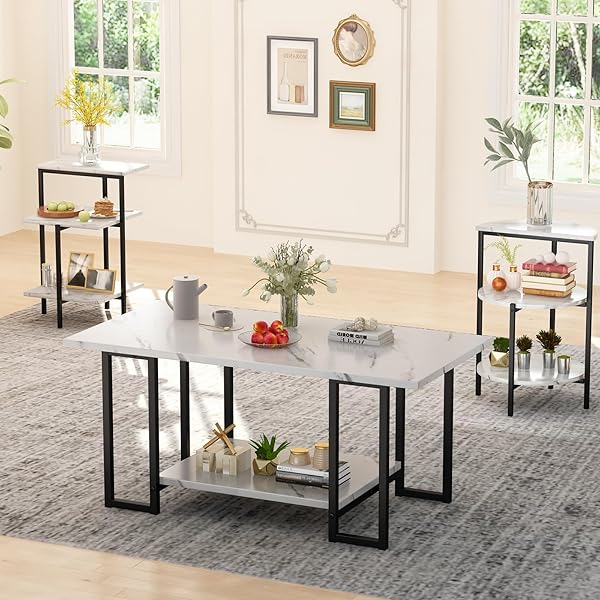 Coordinated Faux Marble Three-Piece Table Set