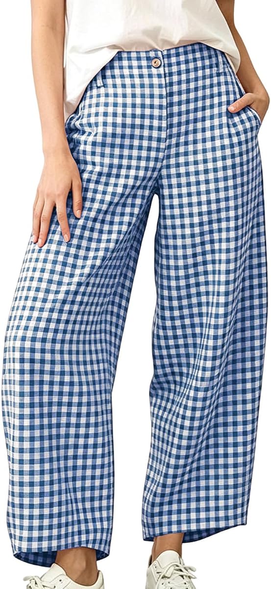 Pantalones de cuadros a rayas para mujer, pantalones a cuadros de salón de otoño, pantalones a cuadros de pierna ancha, pantalones casuales estilo palazzo con bolsillos