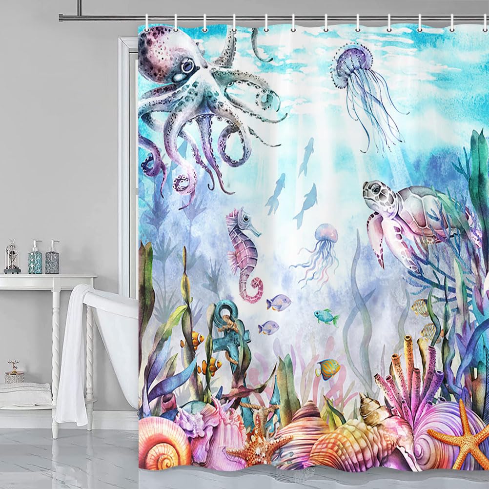 Beach Themed Blue Ocean Seaworld Marine Life Bath Curtains, Nautical Shower Curtain for Bathroom, Funny Cute Turtle Octopus Sea Horse Coral Star Conch
