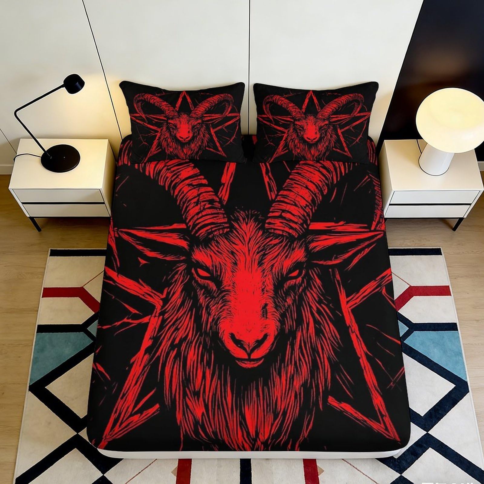 Jqzkxnhpbr Style-9 3D Printed Gothic Goat Skull Fitted Sheet Microfiber Red Black Pentagram Bed Cover Bedroom Decor 90X200x25cm