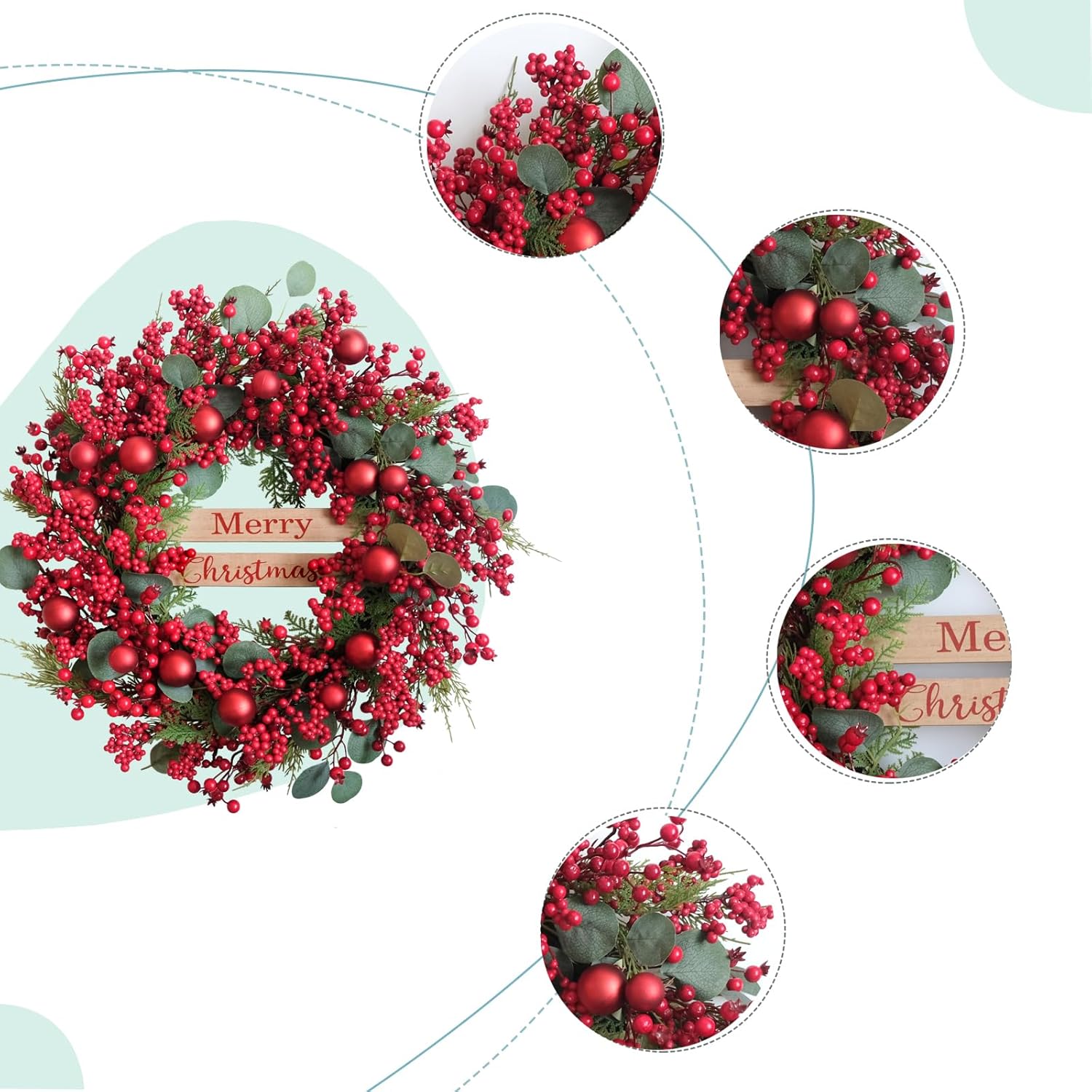 24 inch Christmas Wreaths with Berry and Eucalyptus Leaves, Red Christmas Front Door Wreath with Pine Branch,Ball Ornaments Artificial Wreath for Indoor and Outdoor Decor