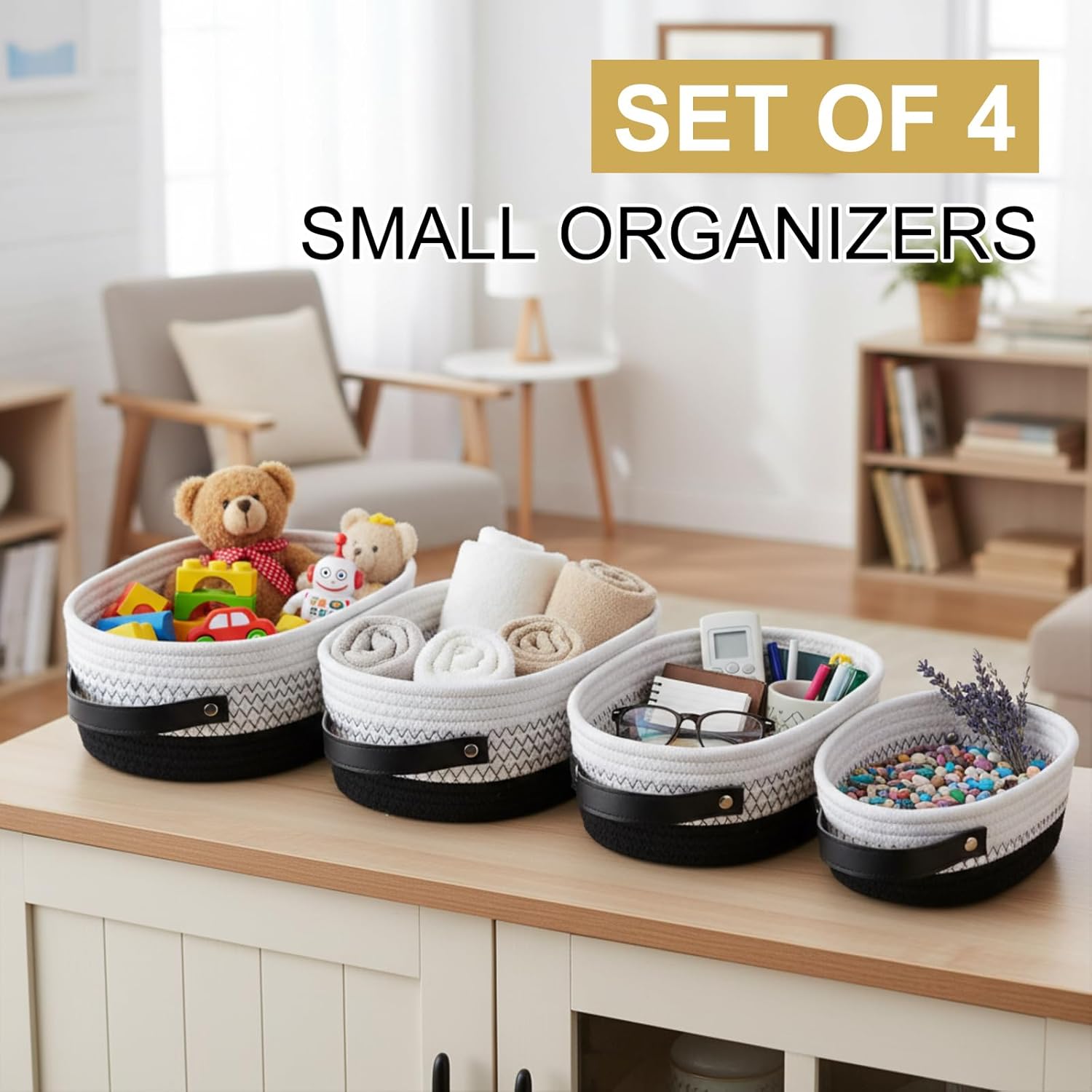 4 Pack Woven Rope Storage Basket Set for Organizing Baskets for Gifts Empty Boho Small Nesting Storage Bins with Handle for Shelves Countertop Toilet Paper Basketwork Decor(Black and White)