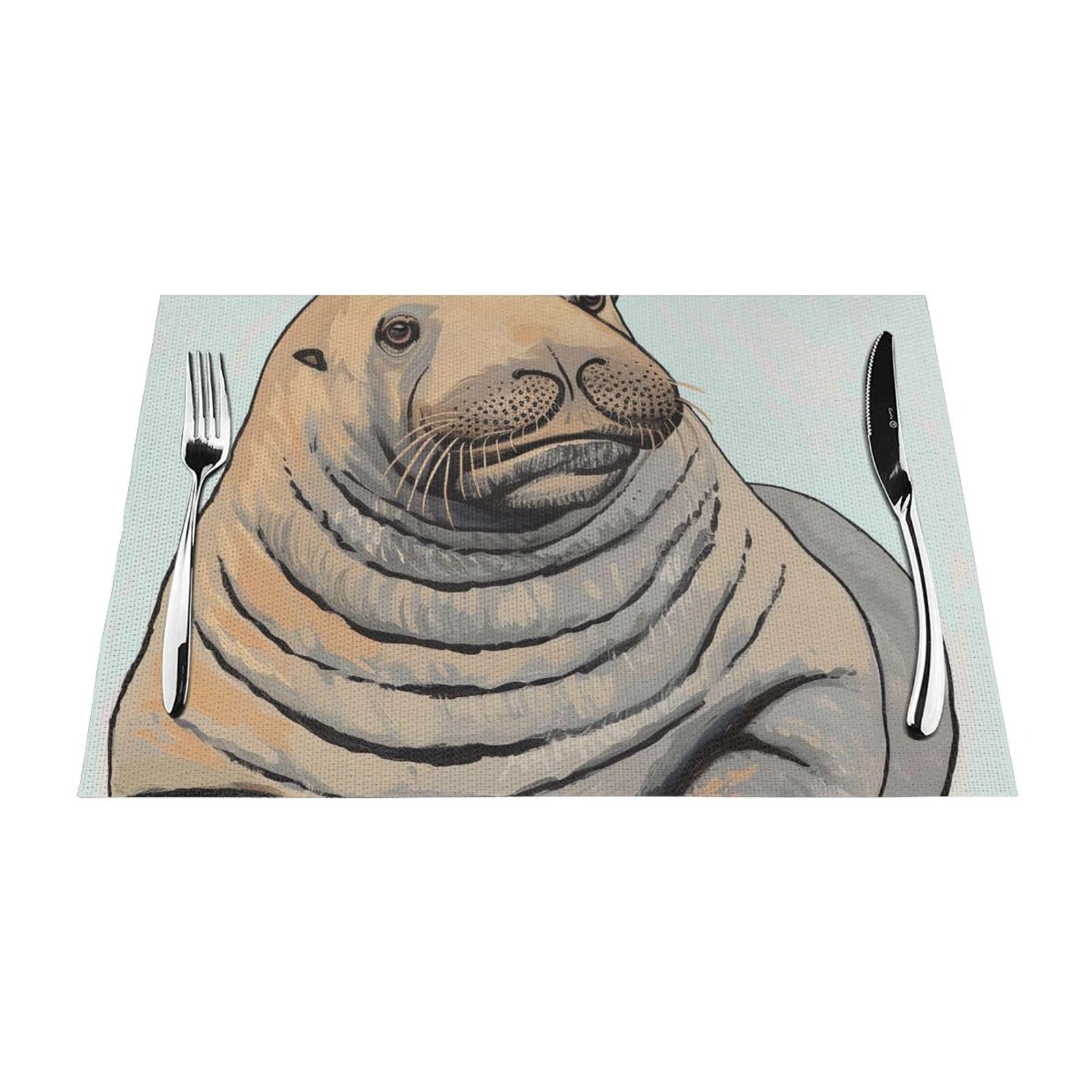 Walrus Art Printed PVC Placemat 6 PCS for Kitchen Dining Table Heat-resistand Washable Table Mats 18x12 in