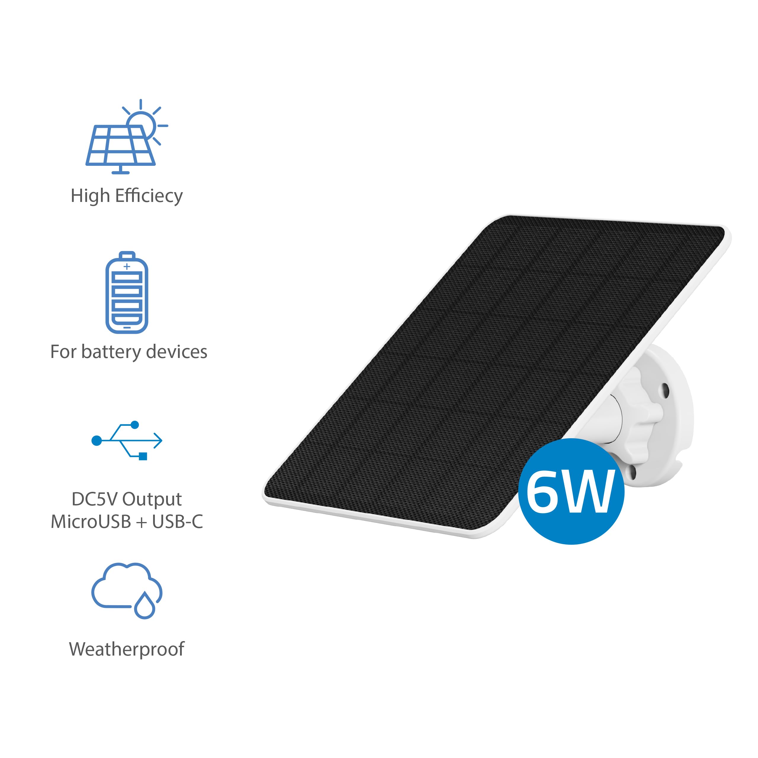 NIVIAN Panel słoneczny 6 W do kamer bezpieczeństwa IP, złącze USB typu C i adapter micro USB, łatwa instalacja z regulowanym uchwytem, biały, 1 sztuka, tworzywo sztuczne