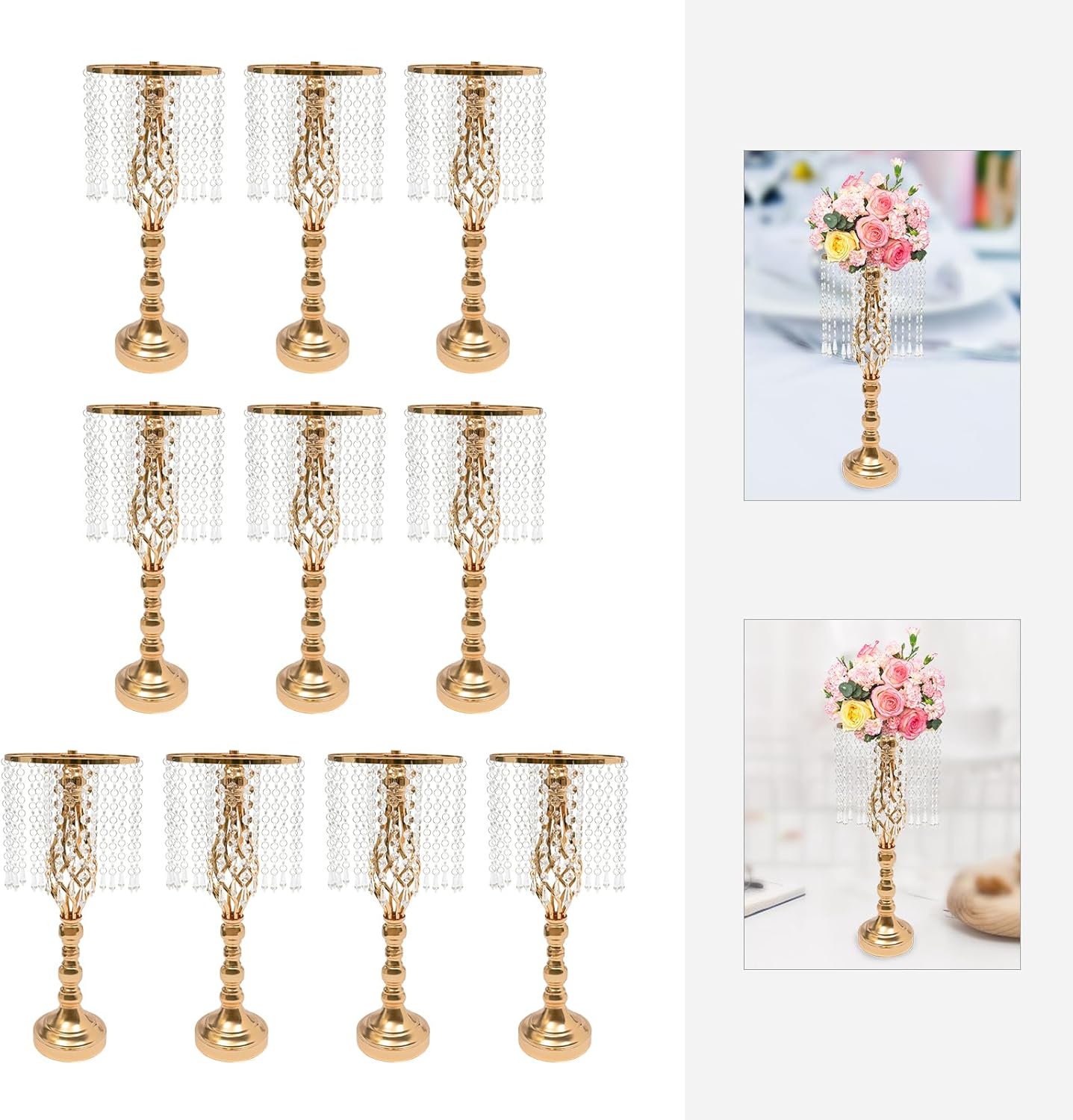 10 Pcs Crystal Wedding Planter, 19.3inch Wedding Vases Centerpieces Table Center Gold Flower Stand Banquet Centerpieces for Event, Birthday, Home Decor