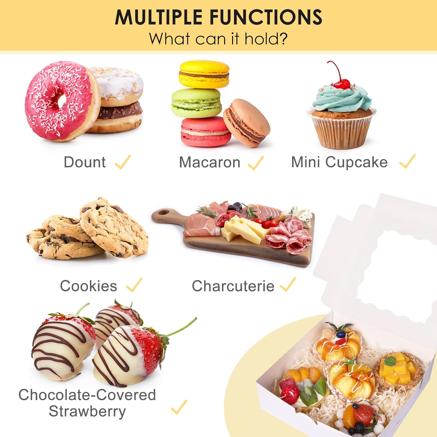 Moretoes 30pcs Bakery Boxes, 8x8x2.5 Cookie Boxes with Window, White Treat Containers for Donuts, Chocolate Strawberries, Pie thumbnail