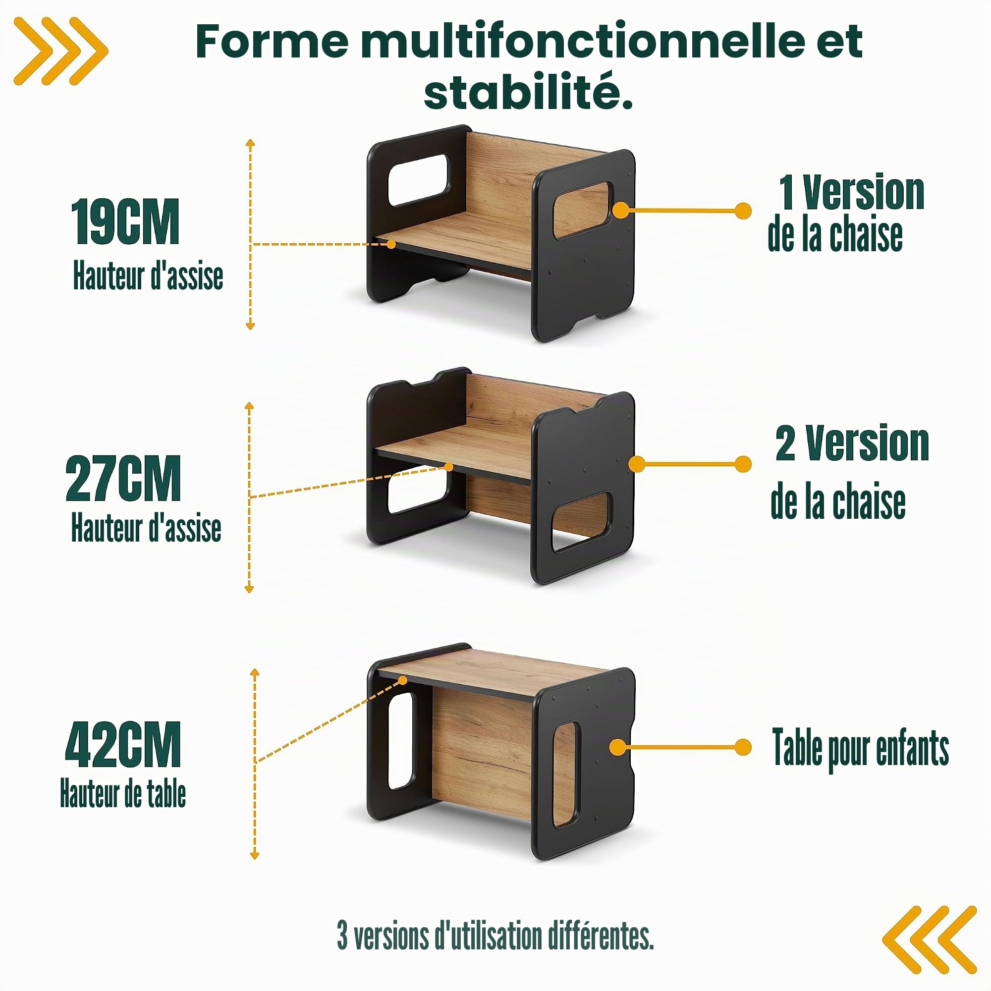 defiPad Banc en Bois évolutif pour Enfants - Modulable en Table et siège - 2 hauteurs d'assise - Élément de mobilier pour Aire de Jeux (Noir + Chêne)