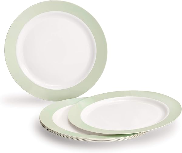 " OCCASIONS " 50 Plates Pack (25 Guests)-Wedding Party Disposable Plastic Plate Set -25 x 10.5'' Dinner + 25 x 7.5'' Salad/Dessert plates (Rio, in White & Pearled Green) - 2