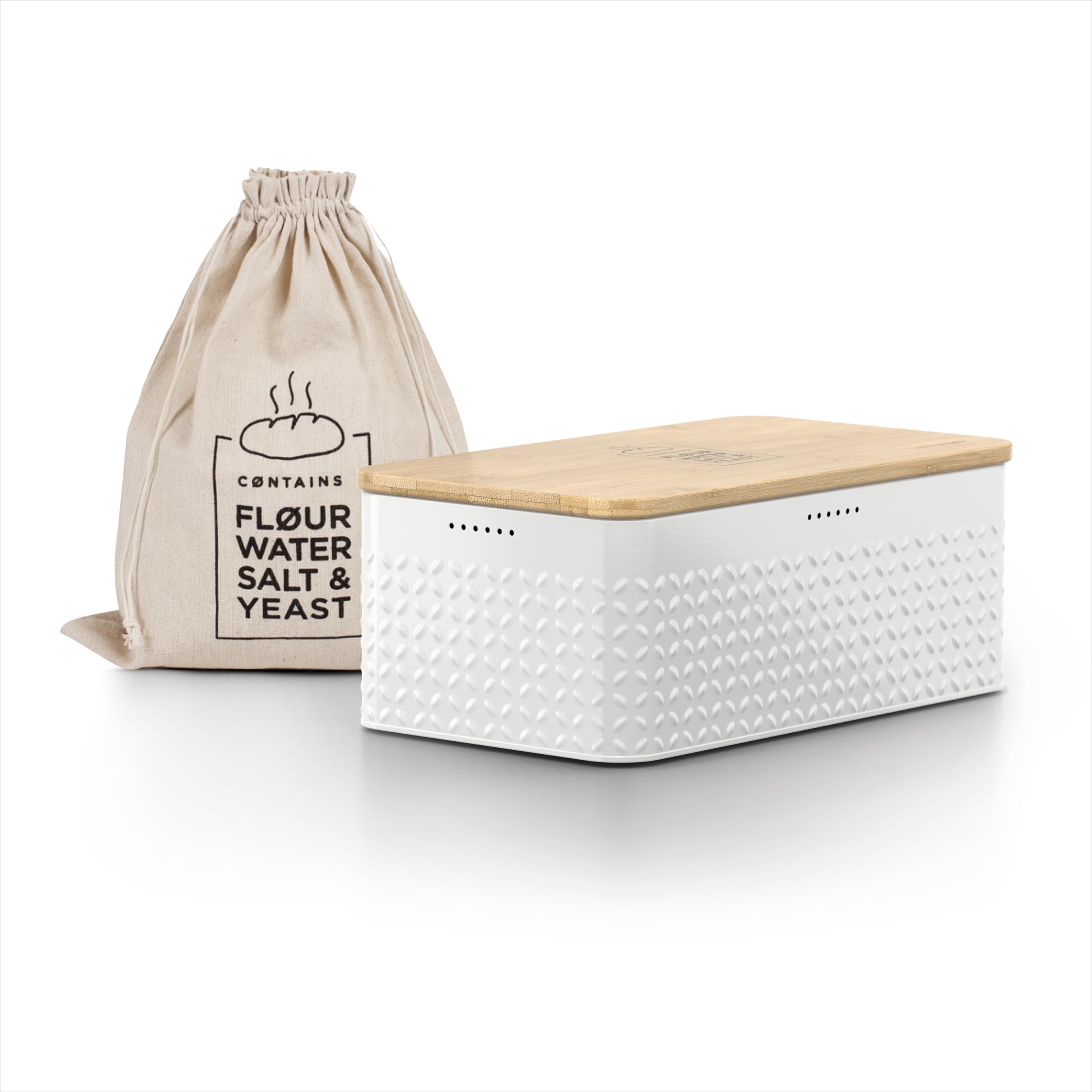 LARS NYSØM Bread Box I Metal bread box with linen bag for long lasting freshness I Baked goods Bin with bamboo lid usable as cutting board I 13.4x7.3x5.3In (Pure White)