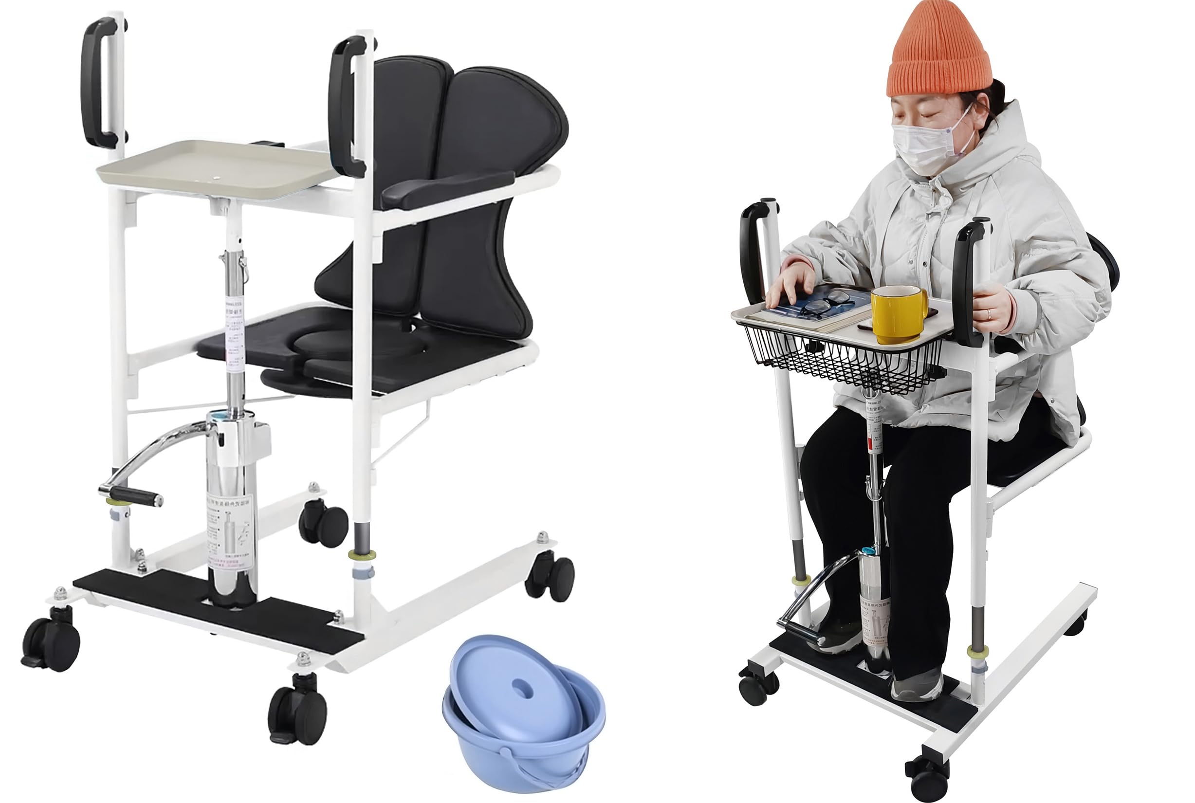 Grúa Hidráulica para Pacientes, Asiento Abatible a 180°, Silla de Enfermería 4 en 1, Silla de Ruedas de Transporte, Altura de Elevación Ajustable, Elevación de Cama a Ducha/Baño/Auto