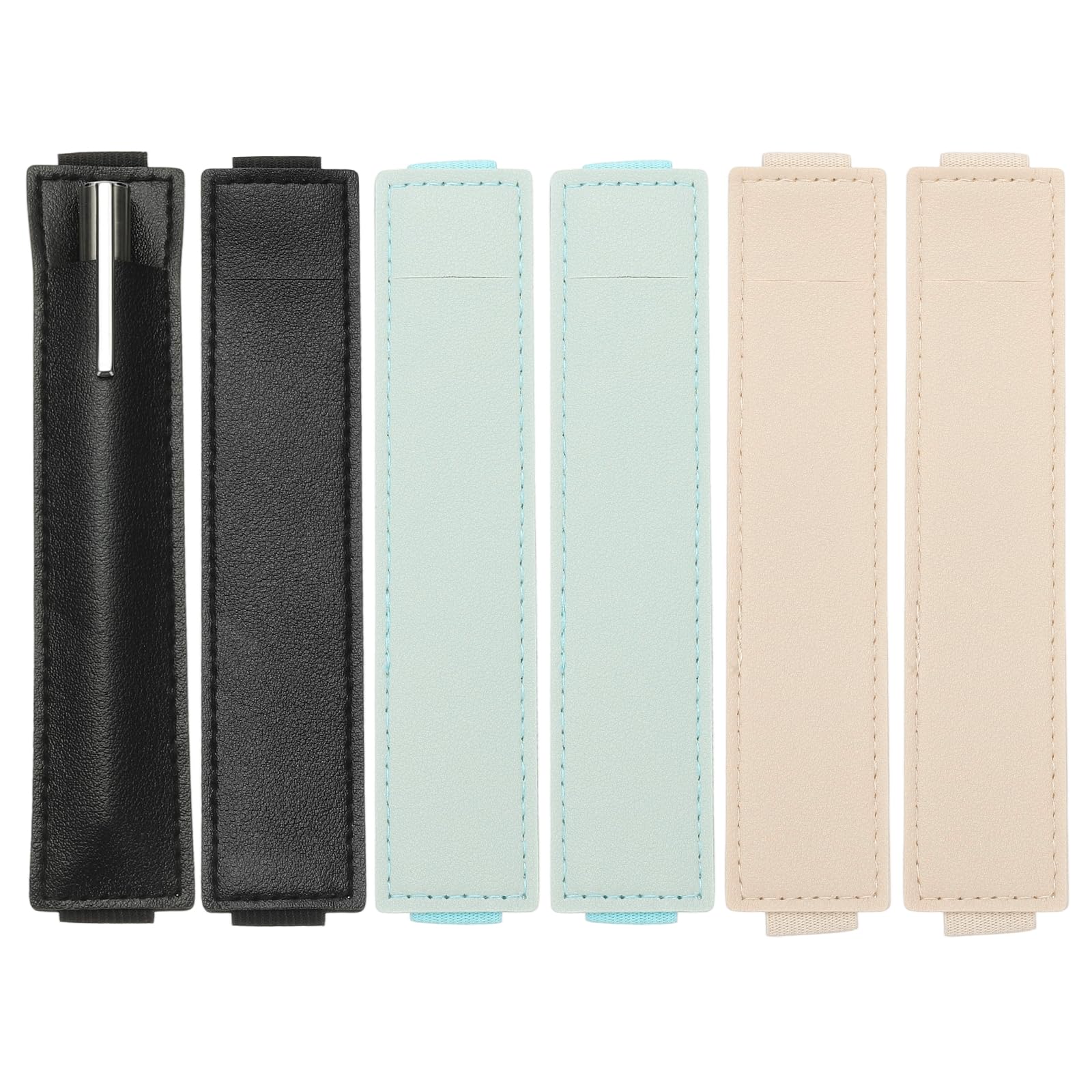 PATIKIL 6Pcs Elastic Notebook Pen Holder, Adjustable Hold 1 Pen Holder PU Leather Pencil Sleeve Pouch for Journal Clipboard Planner Books, Black/Light Blue/Beige
