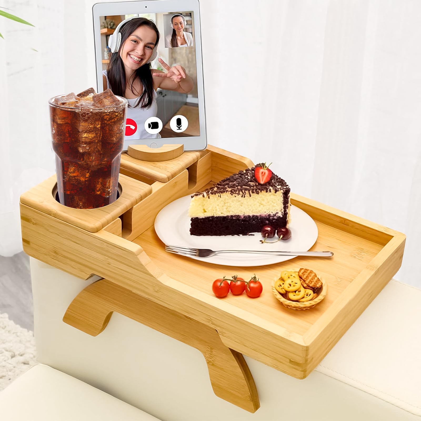 Bandeja Reposabrazos De Bambú Giratoria 360° - Mesa De Sofá Doble Nivel Con Soporte Para Móvil