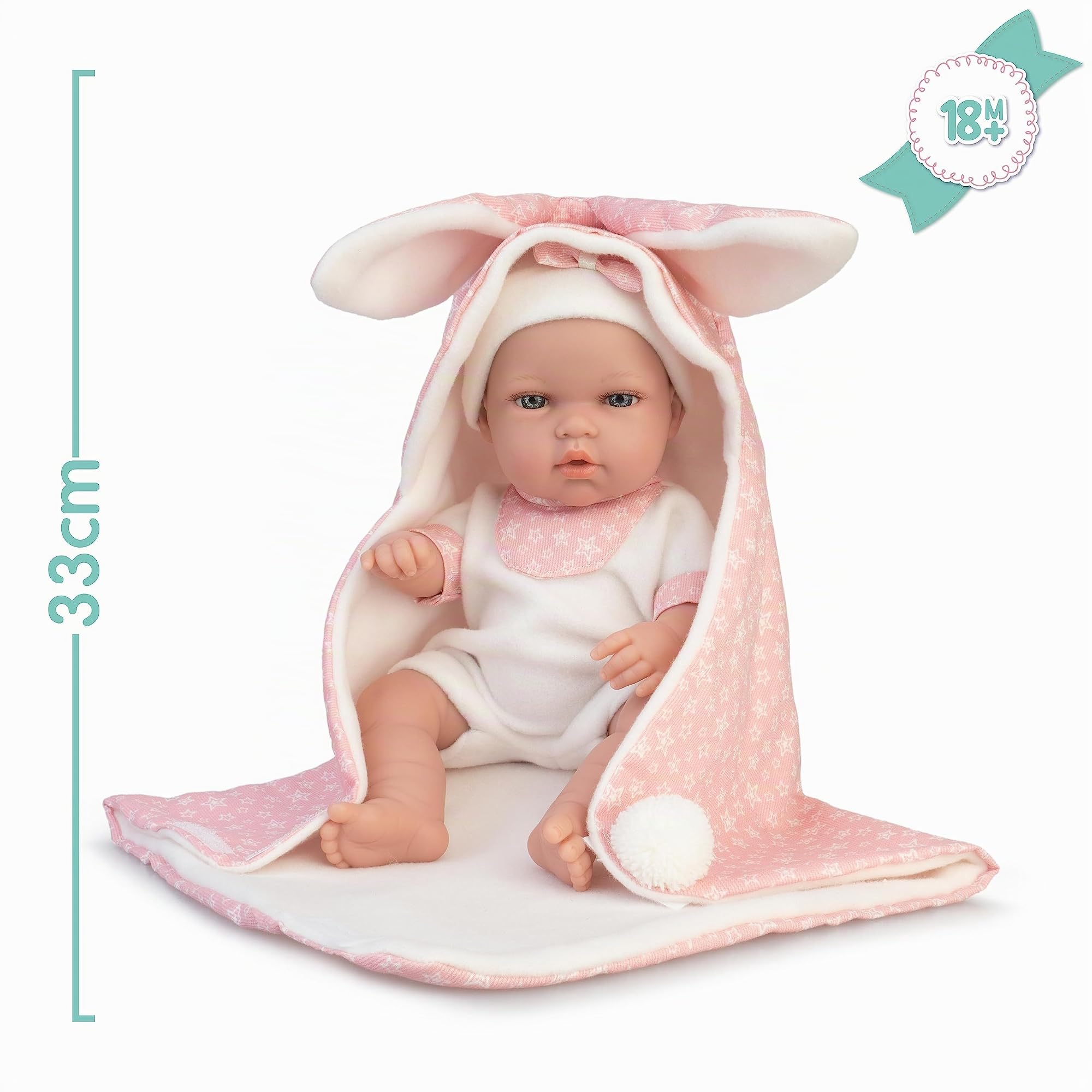 My Sweet Love - bambola da 33 cm con corpo rigido con coperta rosa, vestiti lavorati a maglia e accessori prodotto in Spagna, per bambine/I da 2 anni, Famosa MYW04000