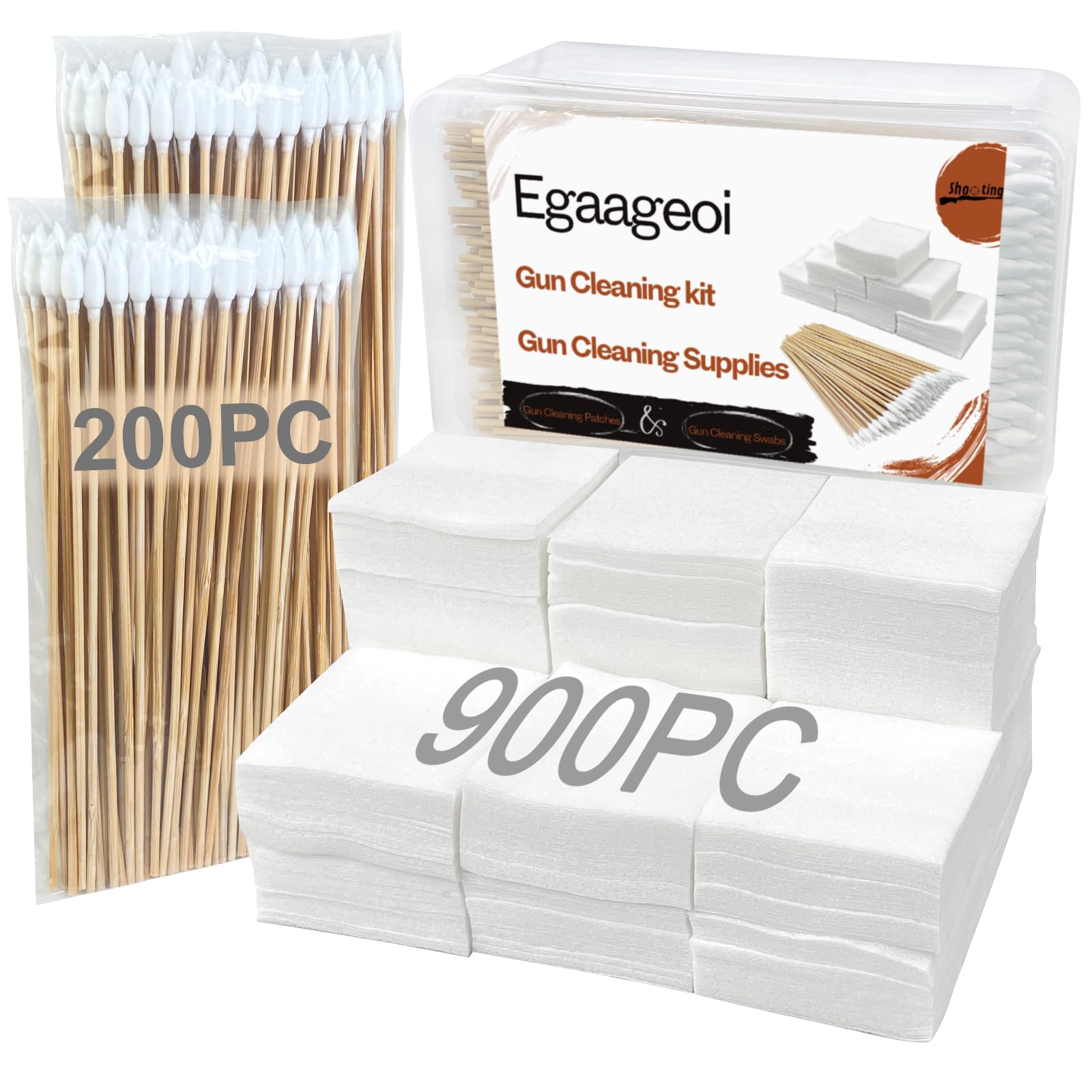 Egaageoi Gun Cleaning Patches and Pointed Swabs with Storage Box - Lint-Free Gun Cleaning Supplies for Shooting Practice, Range Match, Hunting Prep - Compatible with .22 to .45 Cal, 9mm, .30 Caliber