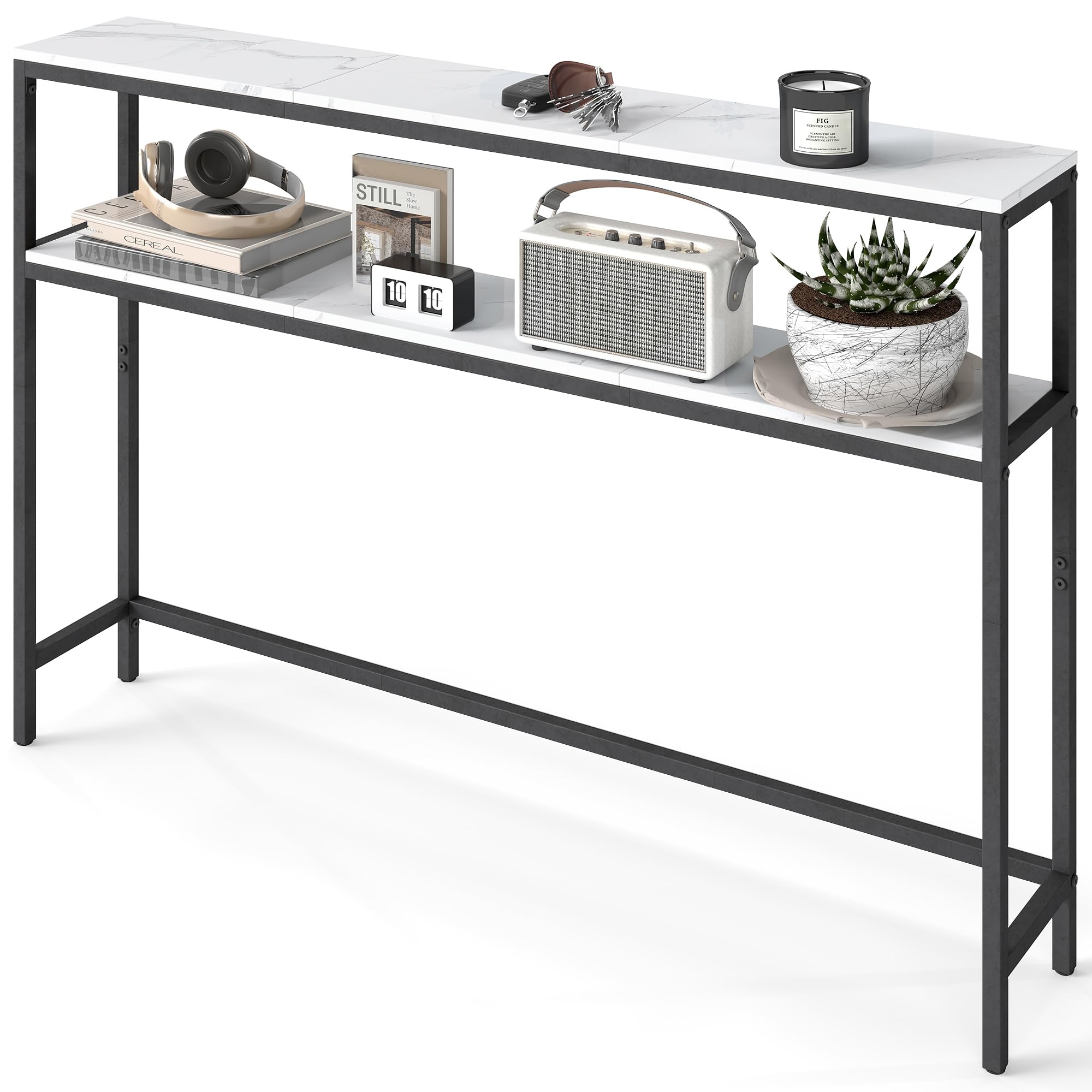 VASAGLE Console Table, 2-Tier Slim Sofa Table, 20 x 120 x 80 cm, Hallway Table with 2 Shelves, for Living Room, Entryway, Marble White and Ink Black LNT133W59V1