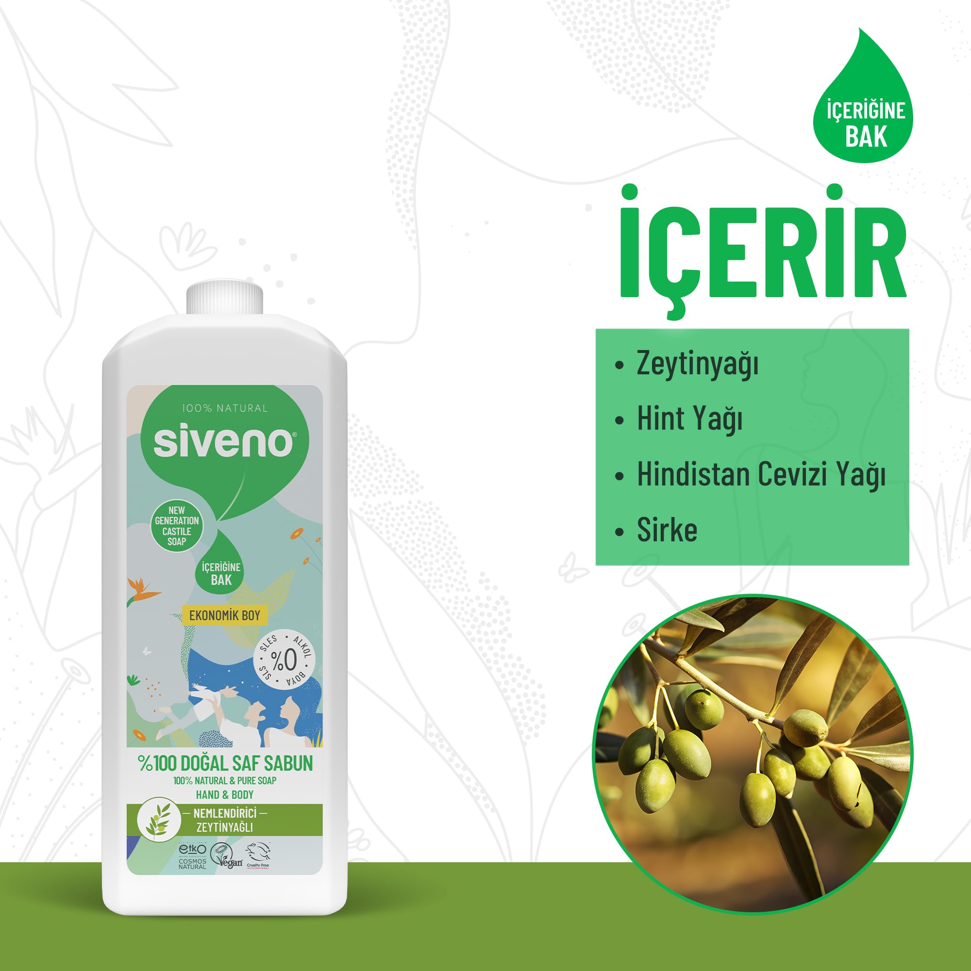 Siveno%100 Doğal Sıvı Kastil Sabun Zeytinyağlı Yoğun Nemlendirici Arındırıcı Bitkisel Vegan 1000 ml