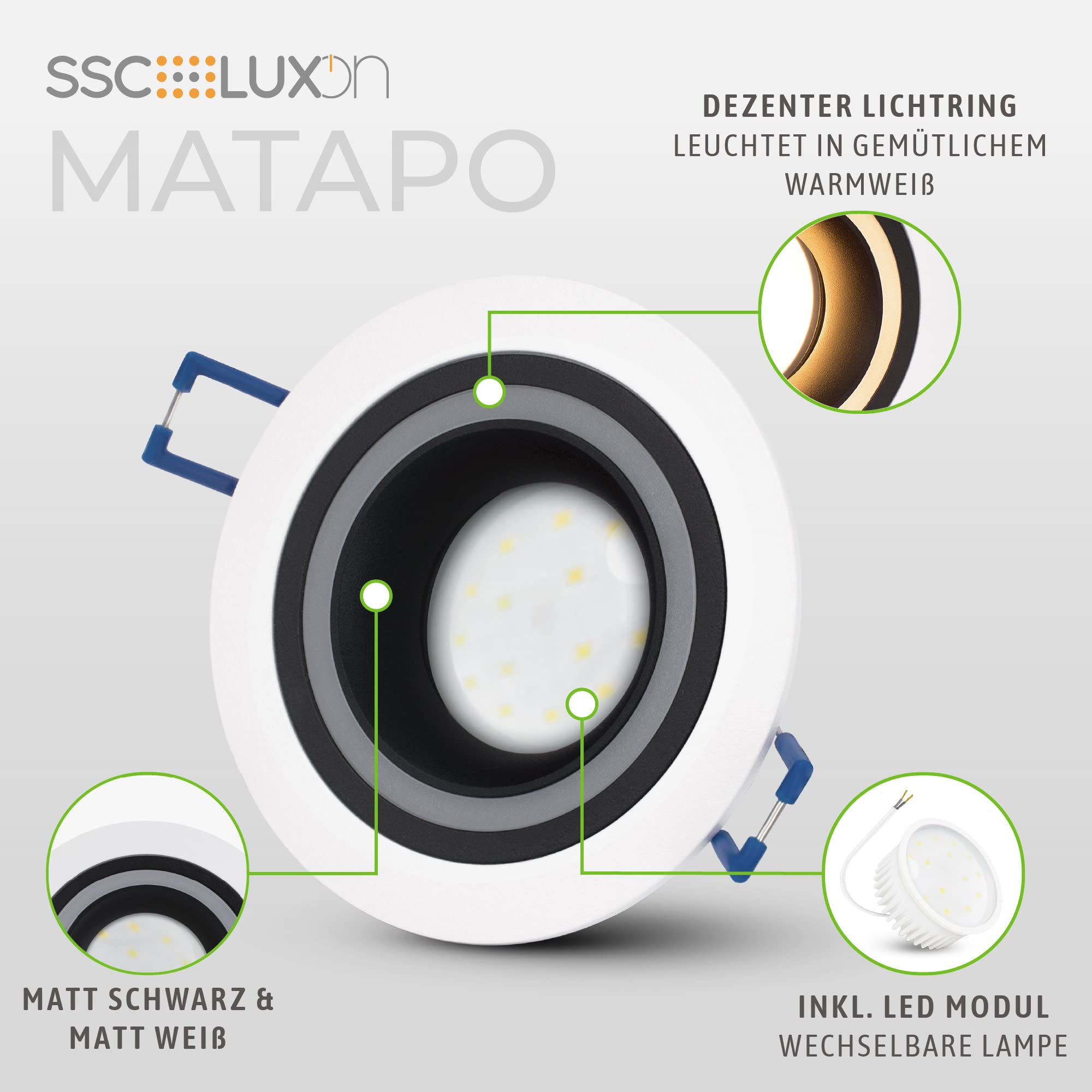 SSC-LUXon 6x Matapo Einbauspot schwarz weiß mit Lichtring inkl. LED Leuchtmittel Modul 4W drei einstellbaren Lichtfarben 3CCT - Design Einbaustrahler 230V