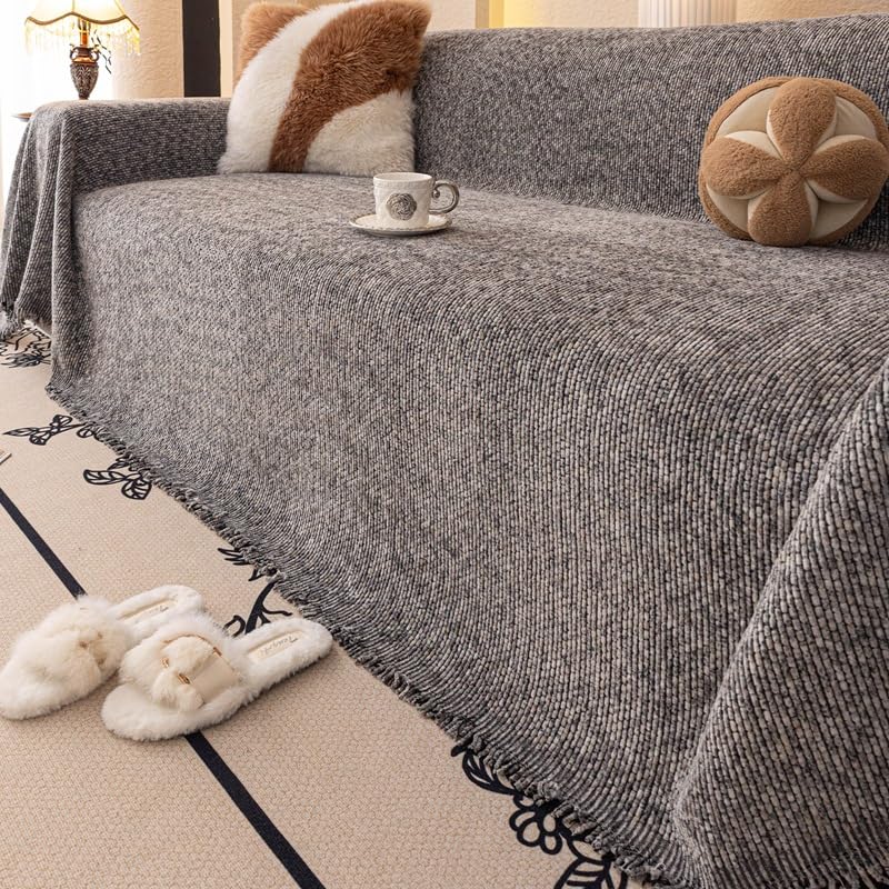 Plaid en chenille pour canapé 3 places protecteur de meuble en L gris foncé