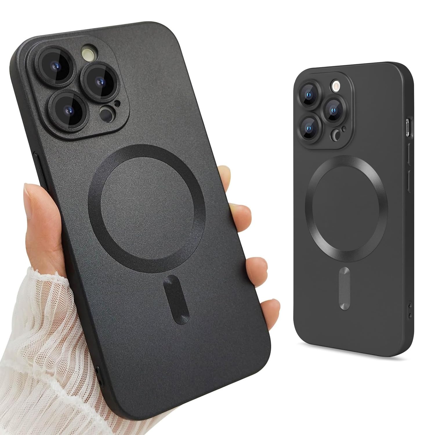 Luxury Matte Magnetic Phone Case,Compatible with iPhone, Soft Metallic Luster TPU Design with Full Camera Protection, Adaptation with Magsafe (Black, Metallic For 15)