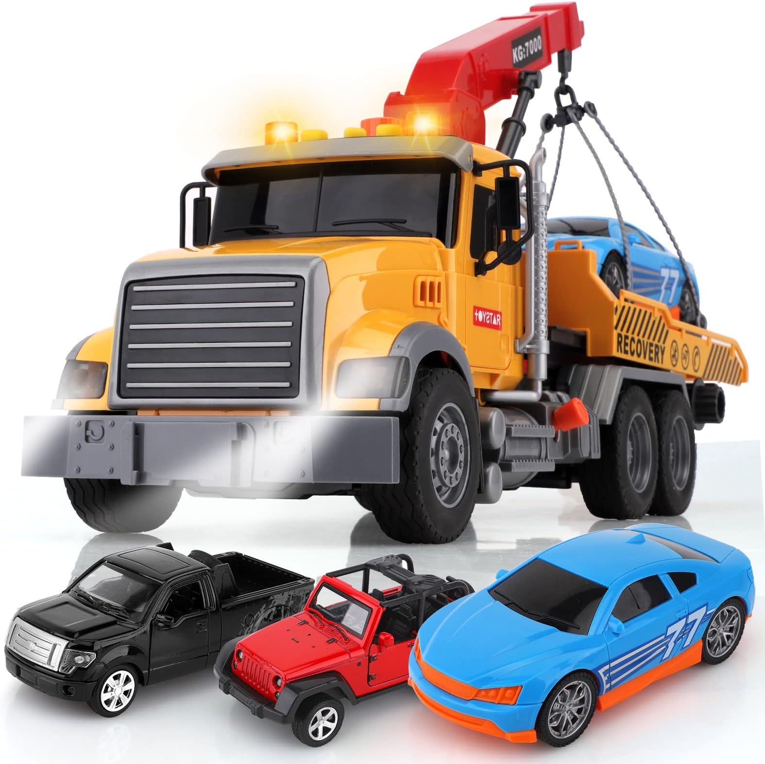 wakeInsa Tow Truck Toy Set with Race Car Metal Off-Road Vehicle and Metal Pickup Truck Ideal Toddler Toys for Kids Ages 4 to 8 Fun Kids Toys for Boys 3 Years and Up Educational Playtime Vehicles