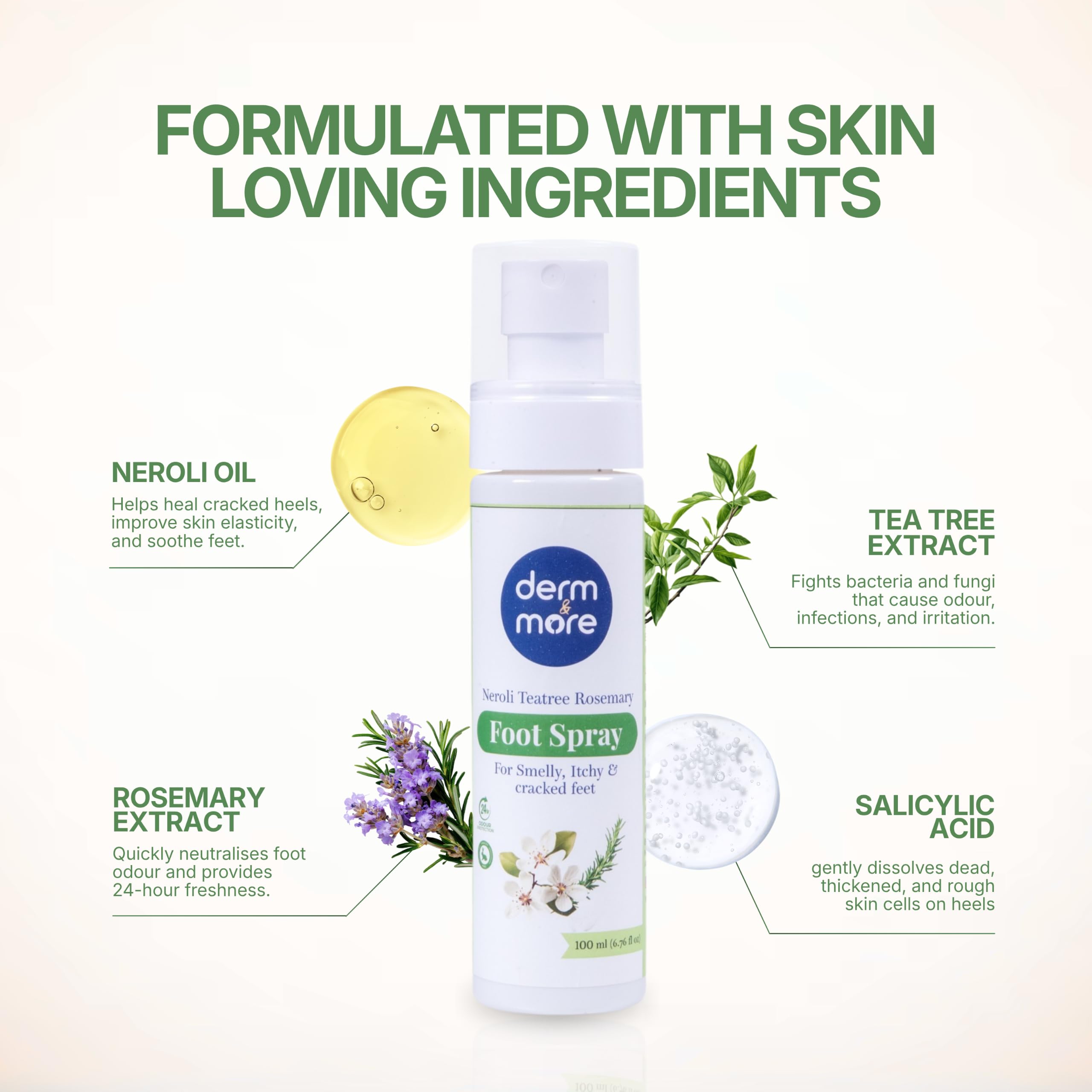 Derm & More Foot Spray for Cracked, Rough & Smelly Feet | Natural Foot Deodorant & Shoe Spray | Tea Tree, Aloe Vera & Neroli Oil | Odour Control & Foot Care | Paraben Free | 100 ml 1