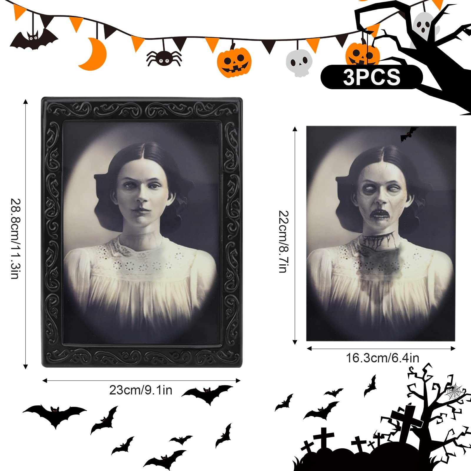 Sprinlot 4 Pièces Décoration Halloween Effrayante - Cadres Photo 3D à Visage Changeant - Horreur Portrait Murale Hantée