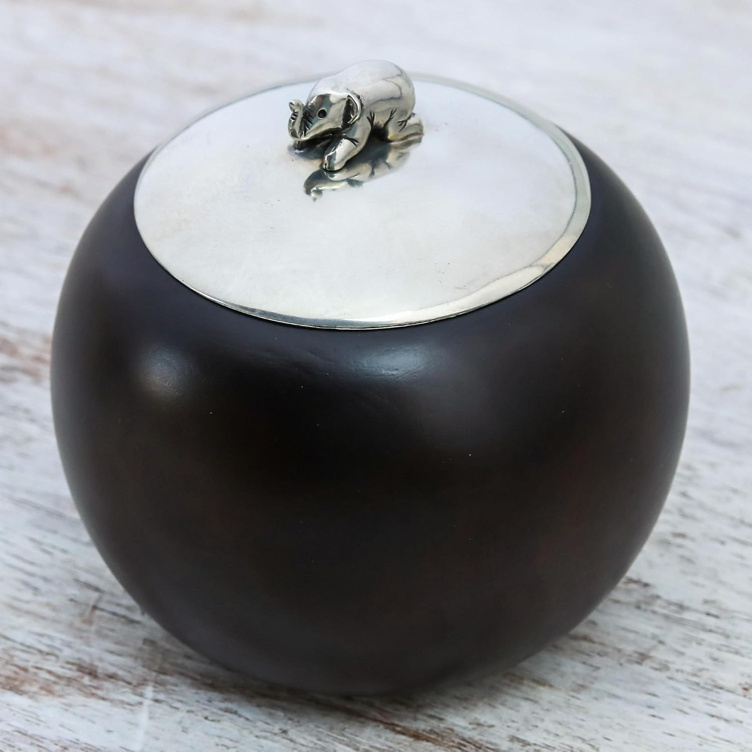NOVICA Artisan Handmade Wood Pewter Decorative Jar Elephant 4 in. Brown Thailand Accessories Jars Bottles Animal Themed [3.9in H x 3.9in Diam.] ' Elephant Orb' 4 Inch