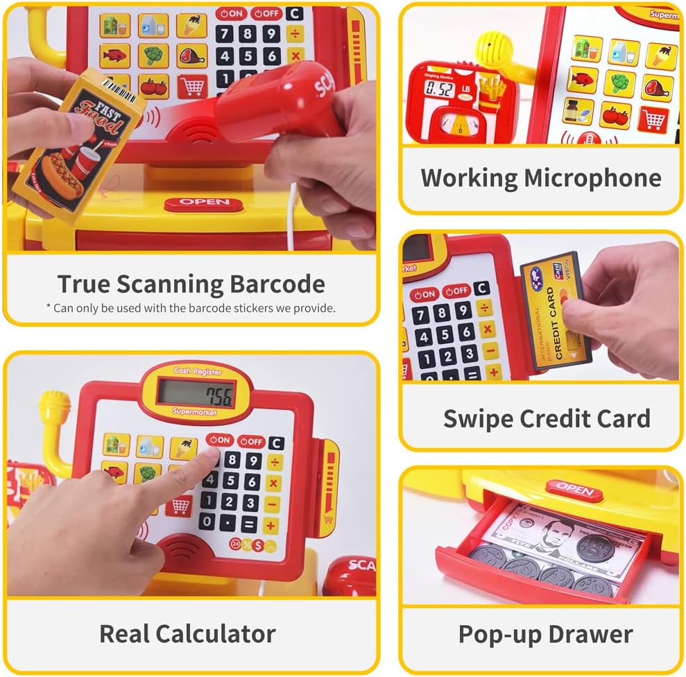 FS Pretend Play Cash Register Toy with True Barcode Scanner & Calculator, Microphone, Play Food, Supermarket Cashier, Great Pre-School Gift Cash Register for Kids Boys & Girls, Ages 3 4 5 6 8