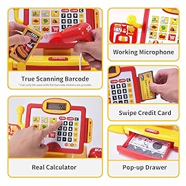 FS Pretend Play Cash Register Toy with True Barcode Scanner & Calculator, Microphone, Play Food, Supermarket Cashier, Great Pre-School Gift Cash Register for Kids Boys & Girls, Ages 3 4 5 6 8
