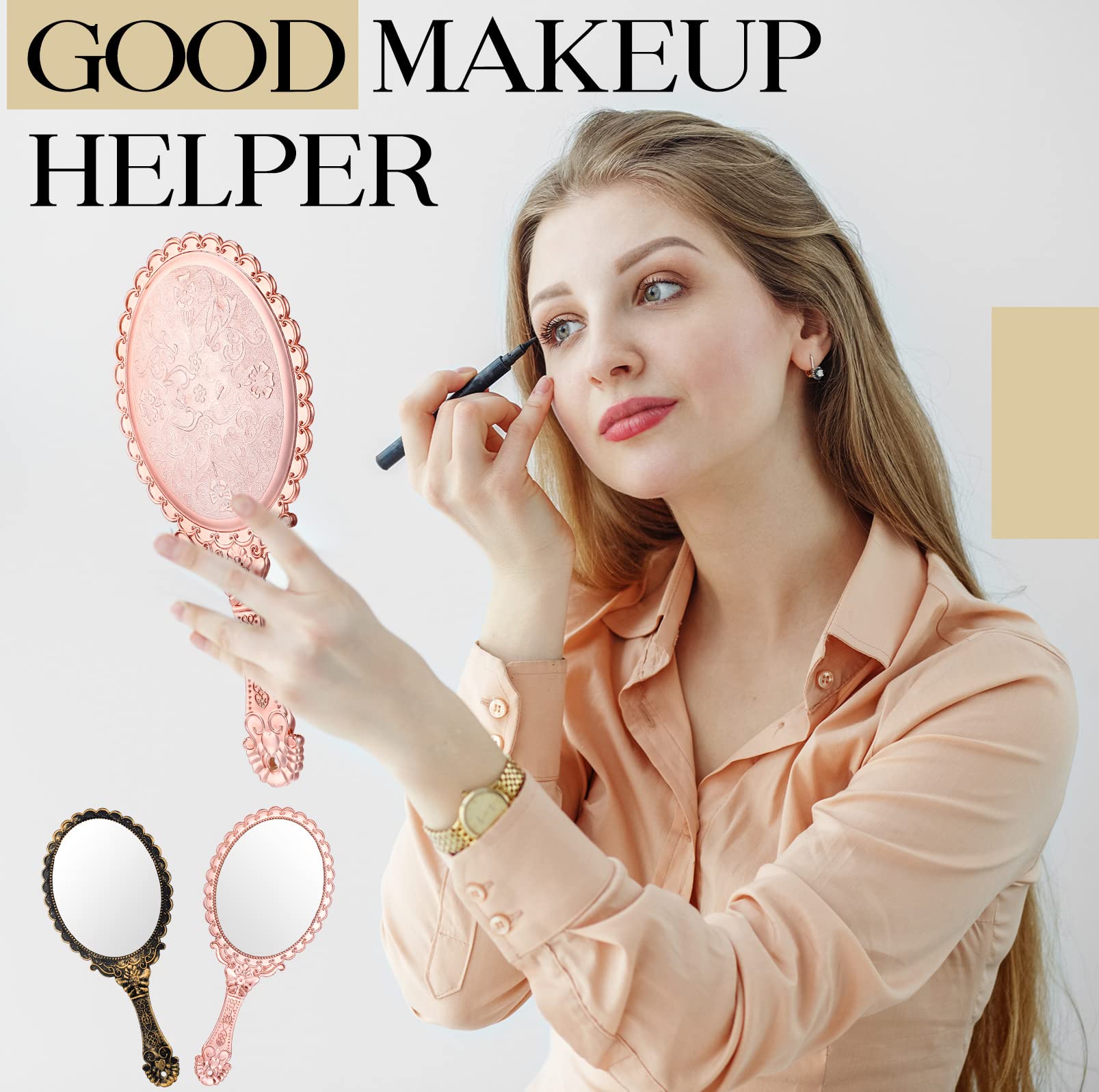 Specchio portatile vintage a mano, con manico, specchio compatto per il trucco per donne e ragazze, da viaggio (vintage, oro rosa)