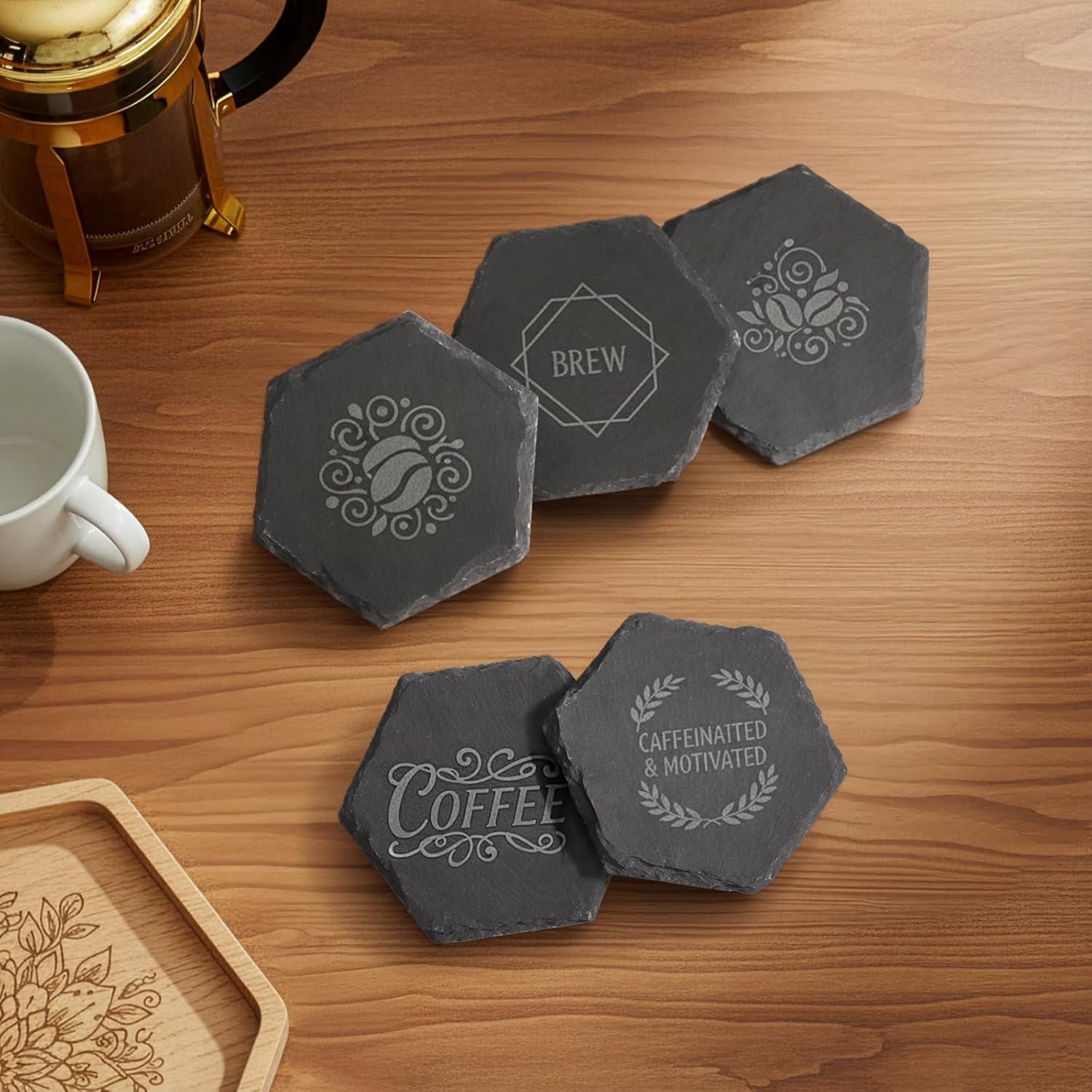 ZOOFOX 24 Pieces Slate Drink Coasters, Hexagon Black Slate Stone Coaster Bulk for Laser Engraving, Beverage Coasters with Non-Slip Bottom Mat for Home Decor, Bar, Housewarming Gifts - Image 6