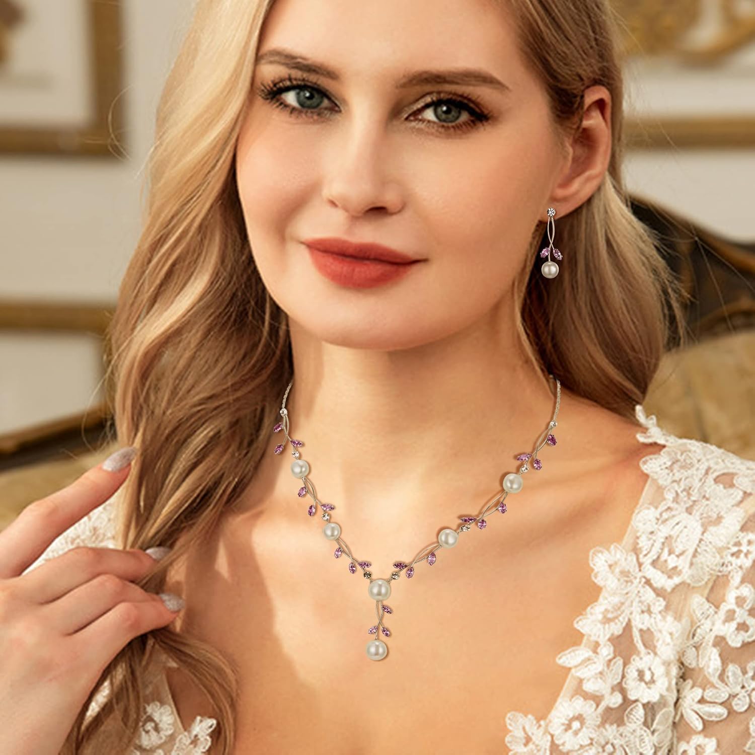 EVER FAITH Wedding Pearl Jewelry for Bride CZ Crystal Simulated Pearls Floral Vine Filigree Bridal Necklace Earrings Set - Image 2