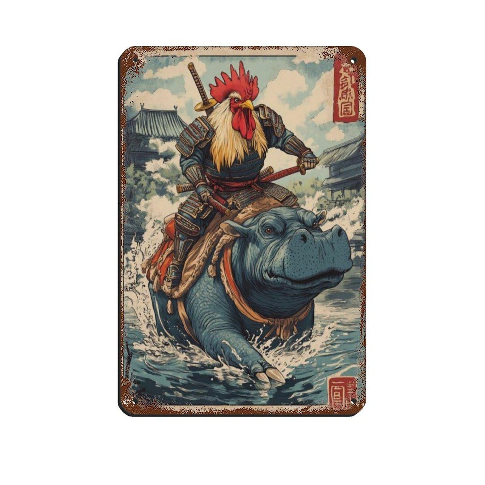 Lxwnze 20L X 30W Cm Unique Rooster Hippo Warrior Poster Retro Poster Metal Tin Sign Chic Art Retro Iron Painting Bar People Cave Cafe Family Garage Poster Wall Decoration 8X12inch(20X30cm)