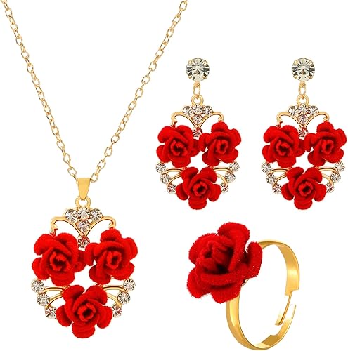 Juego de 3 piezas de joyería de rosas rojas para mujer, collar con colgante de flor de rosa delicada vintage, pulsera de flores rojas, aretes