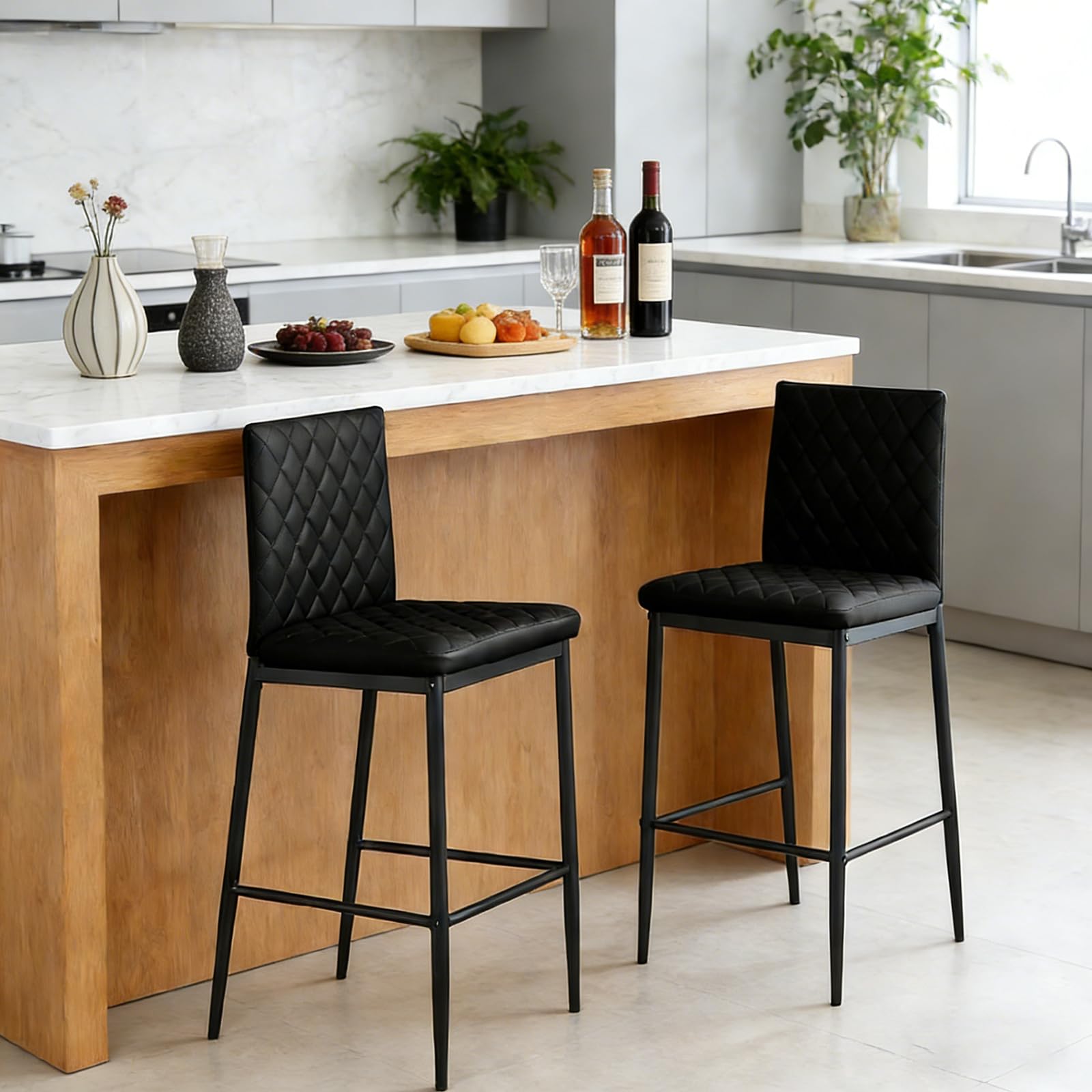 Warmiehomy Black Bar Stools Set of 2, PU Leather Kitchen Island Breakfast High Bar Stools with Back, Modern Barstools for Kitchen Counter, Dining Room, Pub, Bistro, Cafe