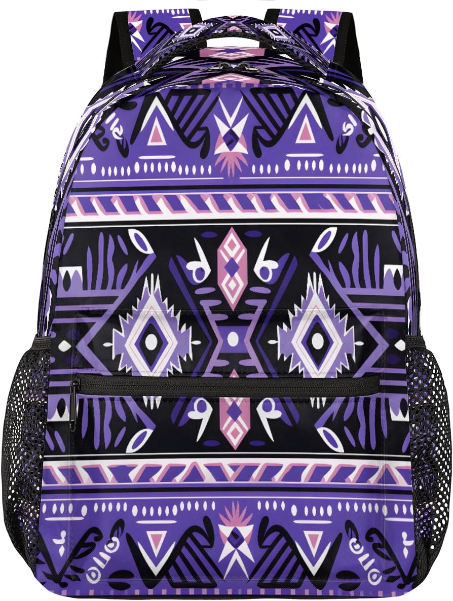 Kids School Backpack Purple Ethnic Aztec Geometric Large Bookbag for Elementary Students Boys Girls Lightweight Travel Casual Daypack Water Resistant Outdoor Hiking Sport Rucksack