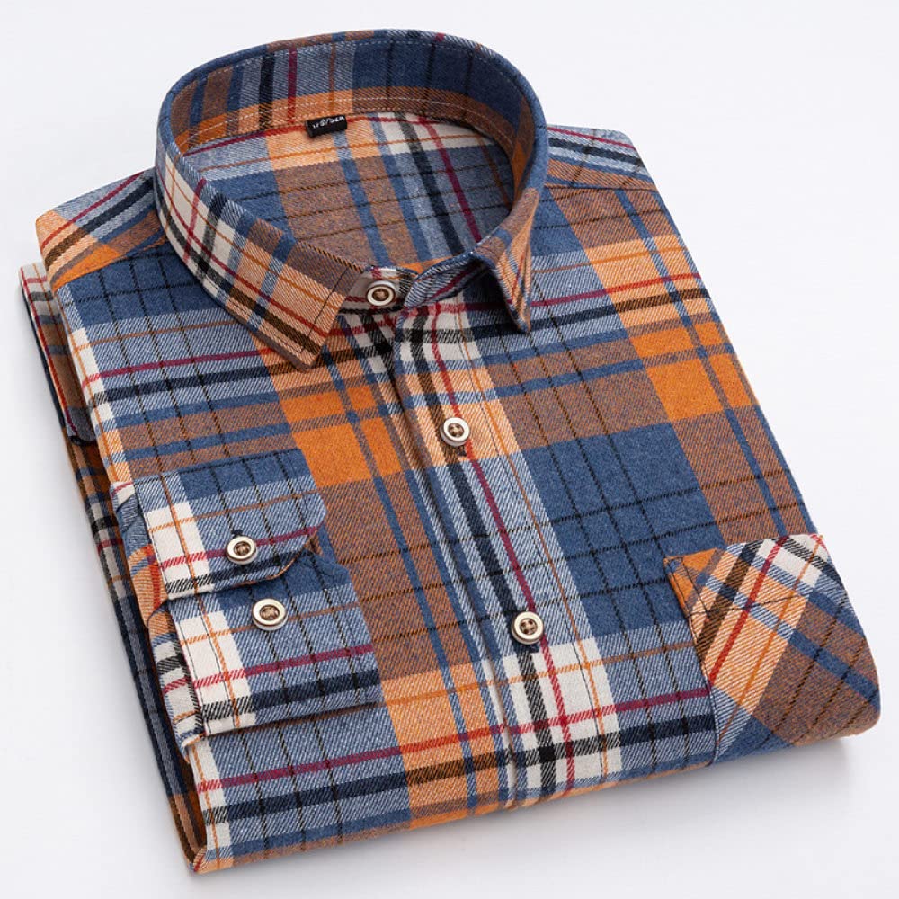 HGJH Herren Flanellhemd, Herren Langarm Flanellhemd Thermohemd Schottenkaro Orange Hemd Button-Down Baumwolle Großvaterhemd Bequemes Henry Hemd Lässiges Arbeitshemd Für Herren Jungen