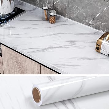 VETMOC Self-Adhesive Wall Sticker Waterproof Anti Mode and Heat Resistant Drawer 60cm X 200CM Kitchen Oil Proof Foil Stickers Kitchen Backsplash Wallpaper - White Marble 03 (60cm X 200cm)