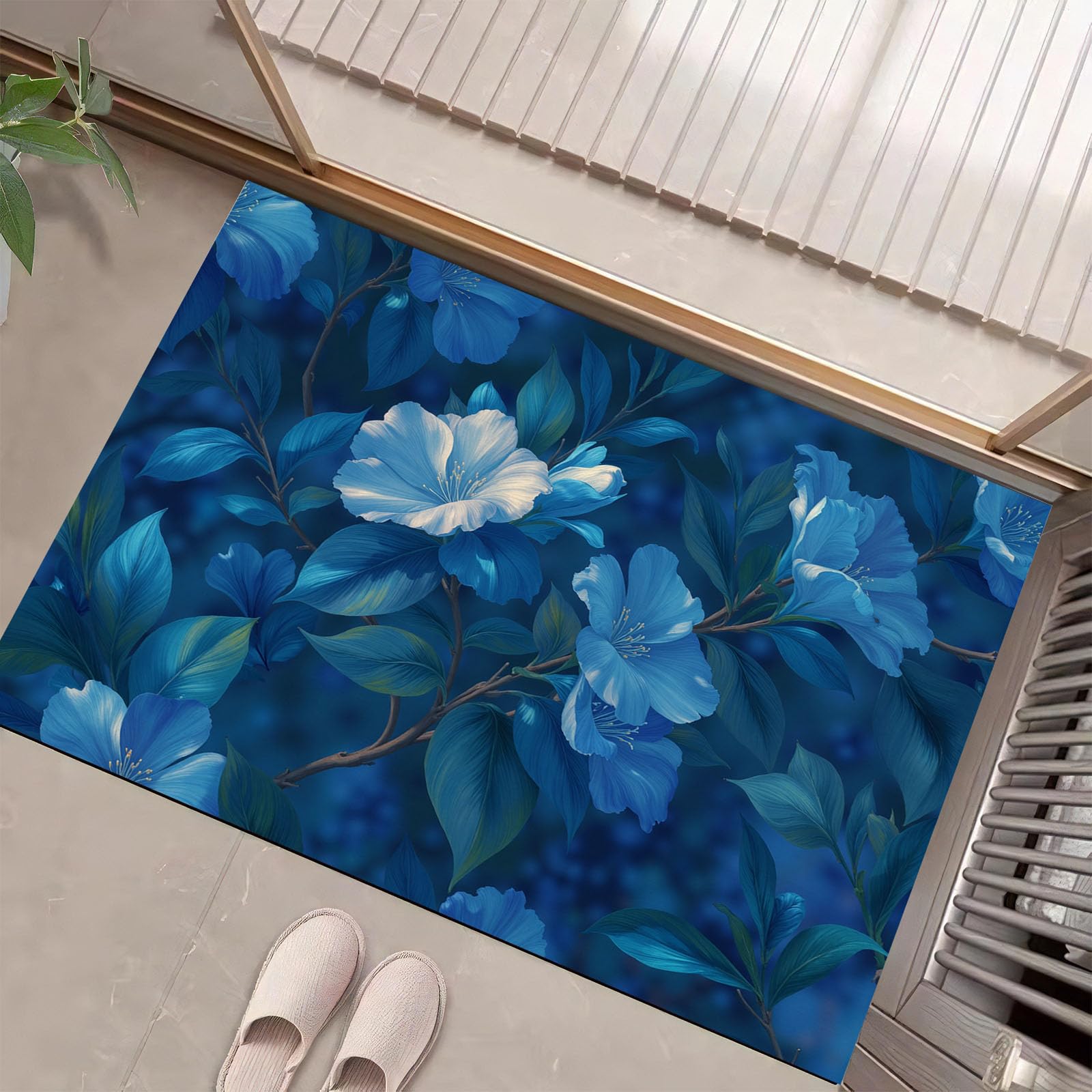 Paillasson intérieur 80x120 cm bleu foncé imprimé floral pour entrée et cuisine