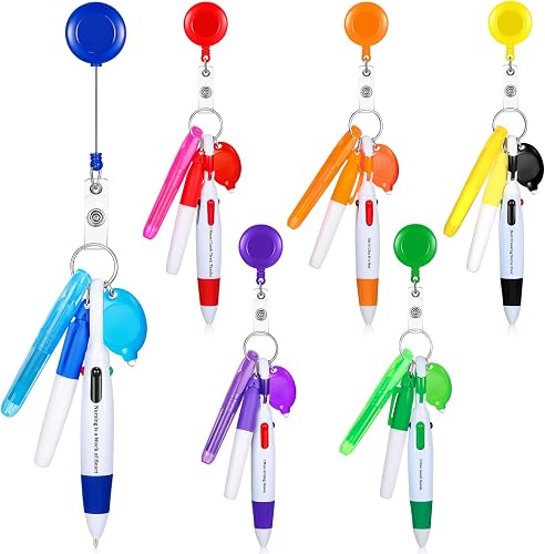 o 30 Pcs Retractable Shuttle Pen Clip with Mini Highlighter Nurse Badge Pen Neon Marker LED Keychain Ring Clip