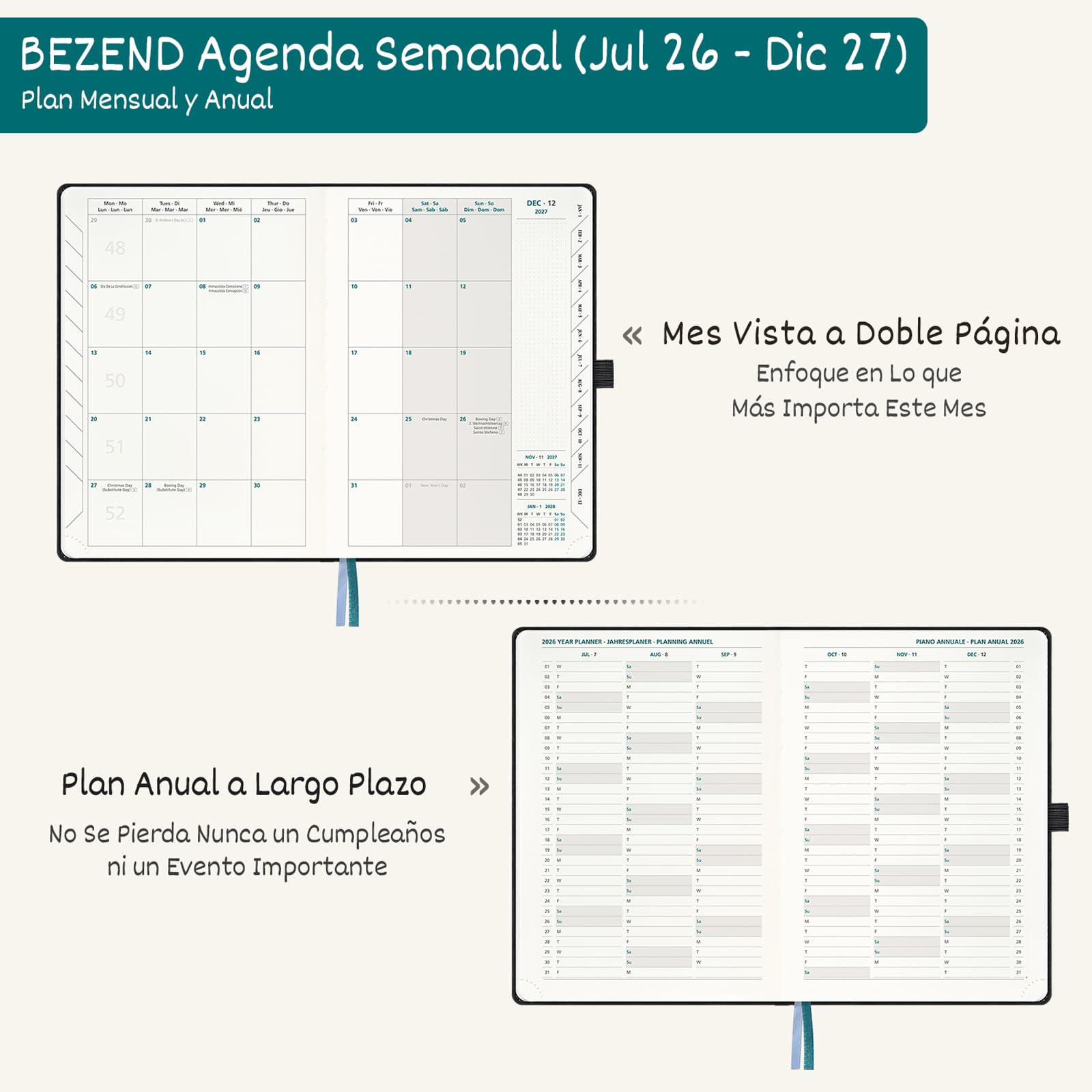 BEZEND Agenda Escolar 2026 2027 Semana Vista A5 15,5 x 21 cm, 18 Meses de Jul.26 a Dic.27, Vista Semanal con Página de Puntos, Papel de 90 GSM, Tapa Dura Cuero PU - Verde Pacífico