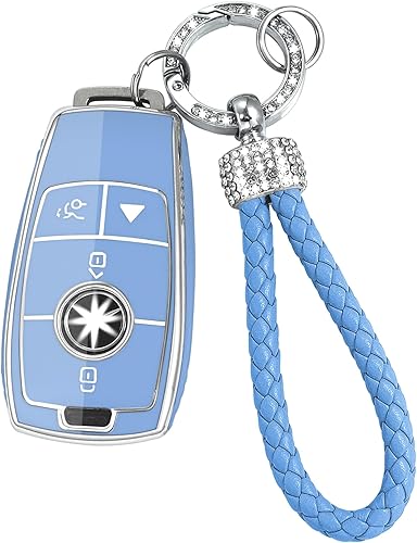 Funda para llavero Mercedes Benz con llavero de cuero, protector de TPU suave a la moda, carcasa de 4 botones, compatible con Clase S, Clase E, ect