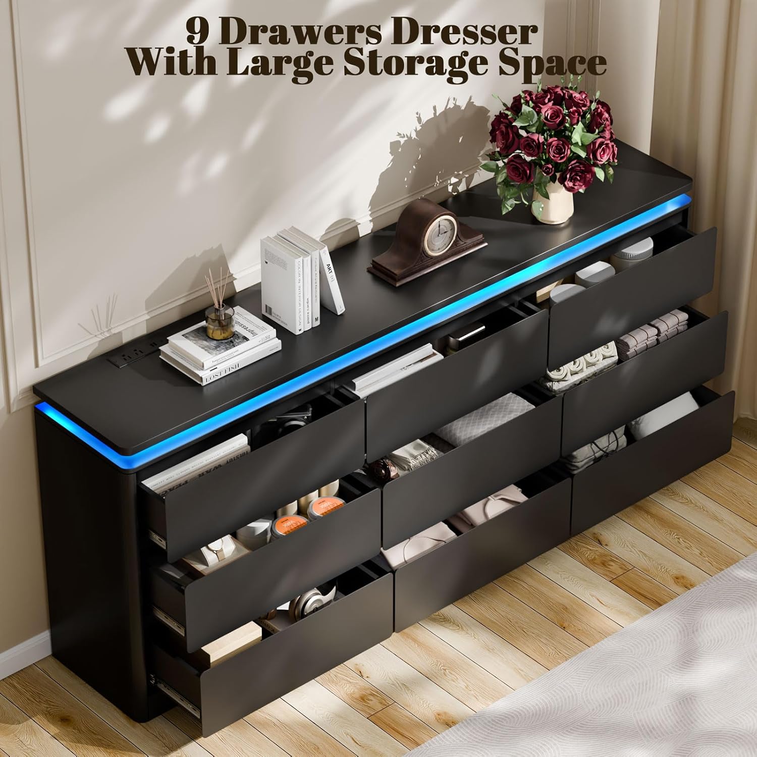 9 Drawer Dresser for Bedroom, 63" Long Black Chest of Drawers with Charging Station & LED Lights, Curved Anti-Collision Design,Wooden Closet Storage Cabinet,Modern Dresser TV Stand with Deep Drawers