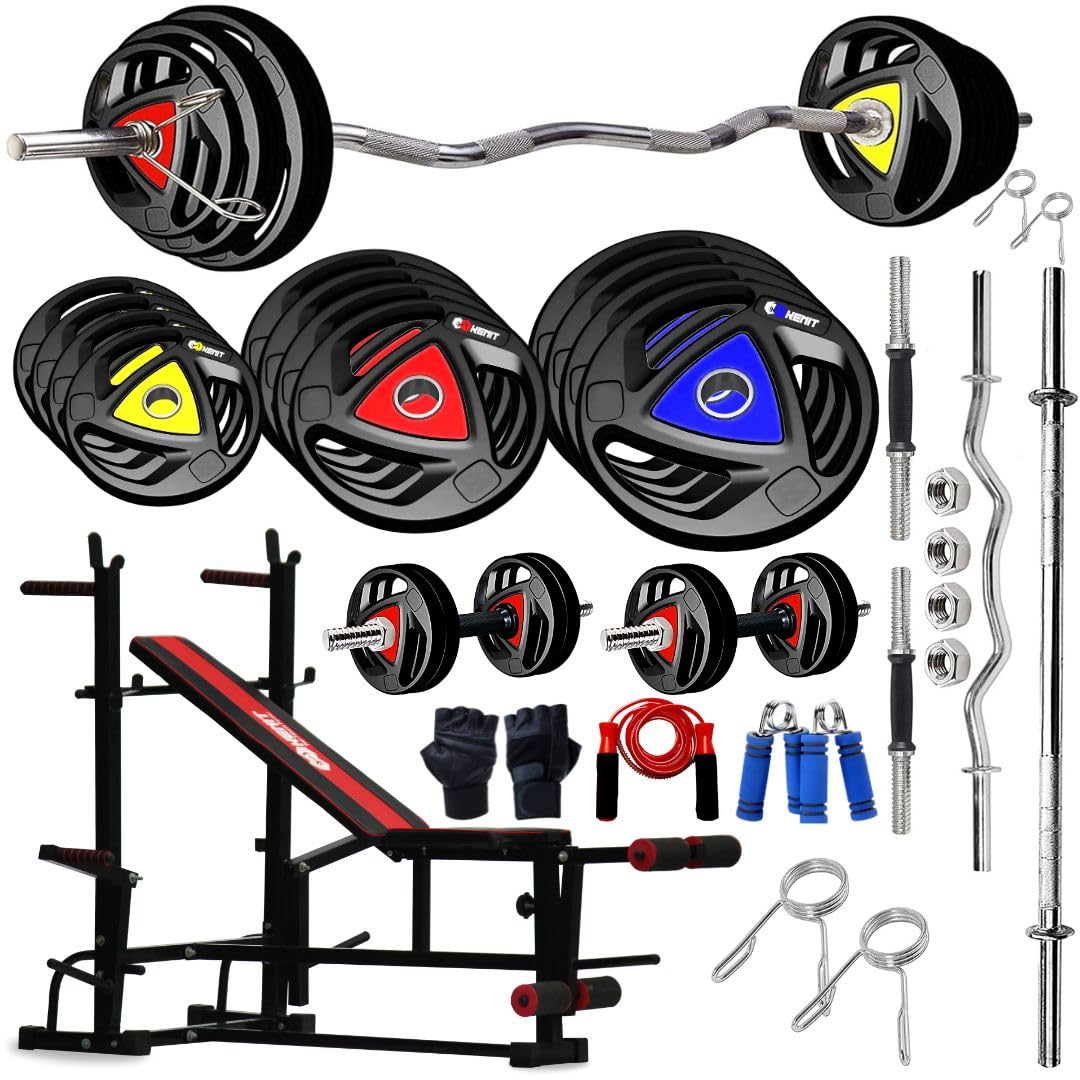 10KG -100KG Rubber Coated Weight Plates Combo with 8 in 1 Home Gym Bench, 5Ft Plain and 3Ft Curl Barbell Rods (23mm), Pair of Steel Dumbbell Rod & Accessories (30, Kilograms)-image-17