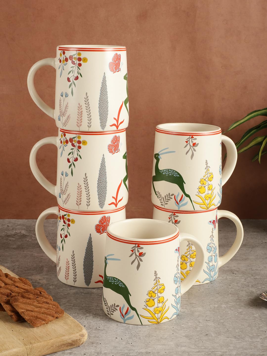 miah decor Ceramic Matte Printed Tea Coffee Mug Set of 6 Drinkware Microwave Safe Stoneware Cups for Home & Restaurant-300 ml