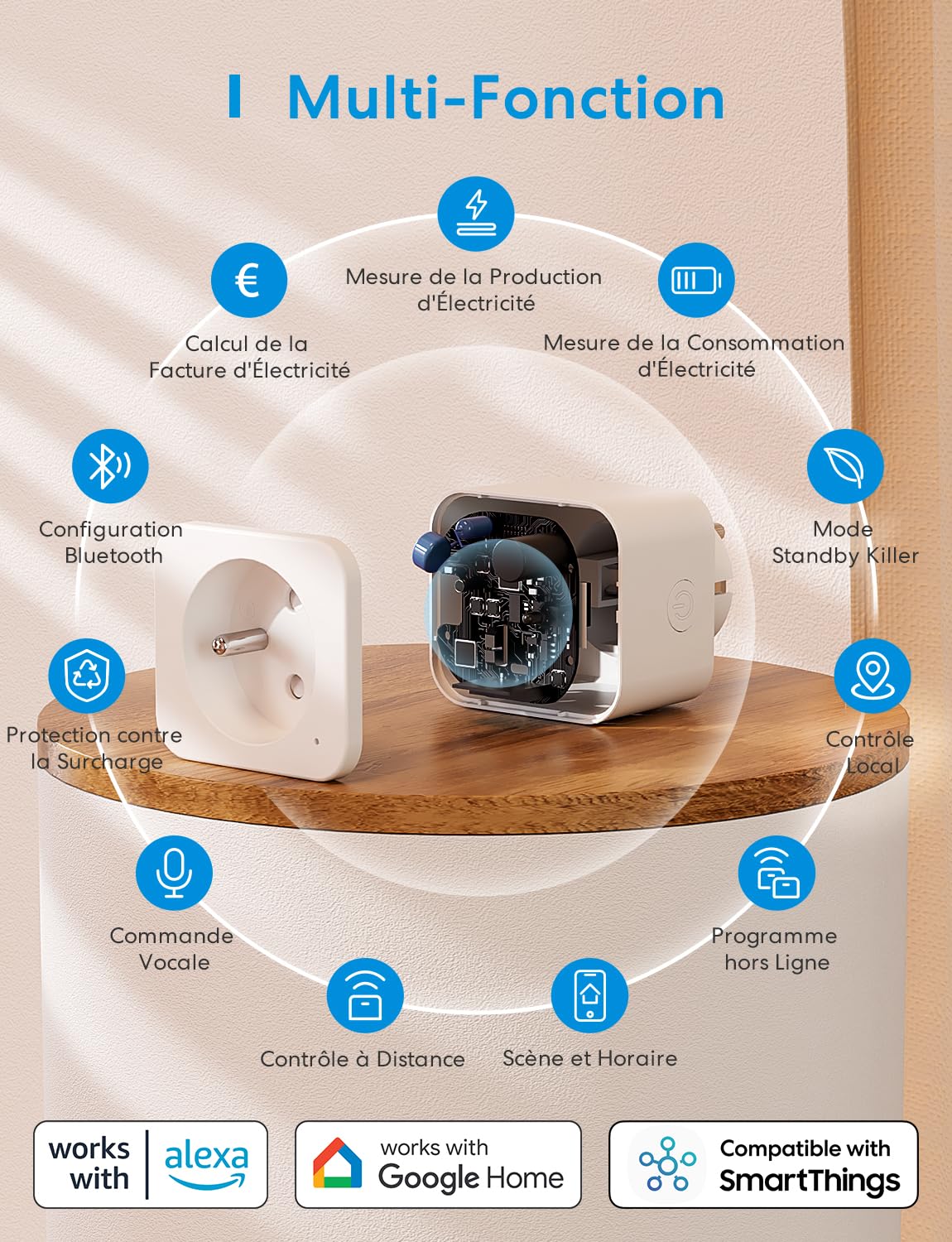 Meross - Toma conectada (tipo E), 16 A, conector WiFi compatible con Alexa y Google Home, 4 tomas con medición de consumo eléctrico con control de voz, control remoto y configuración Bluetooth