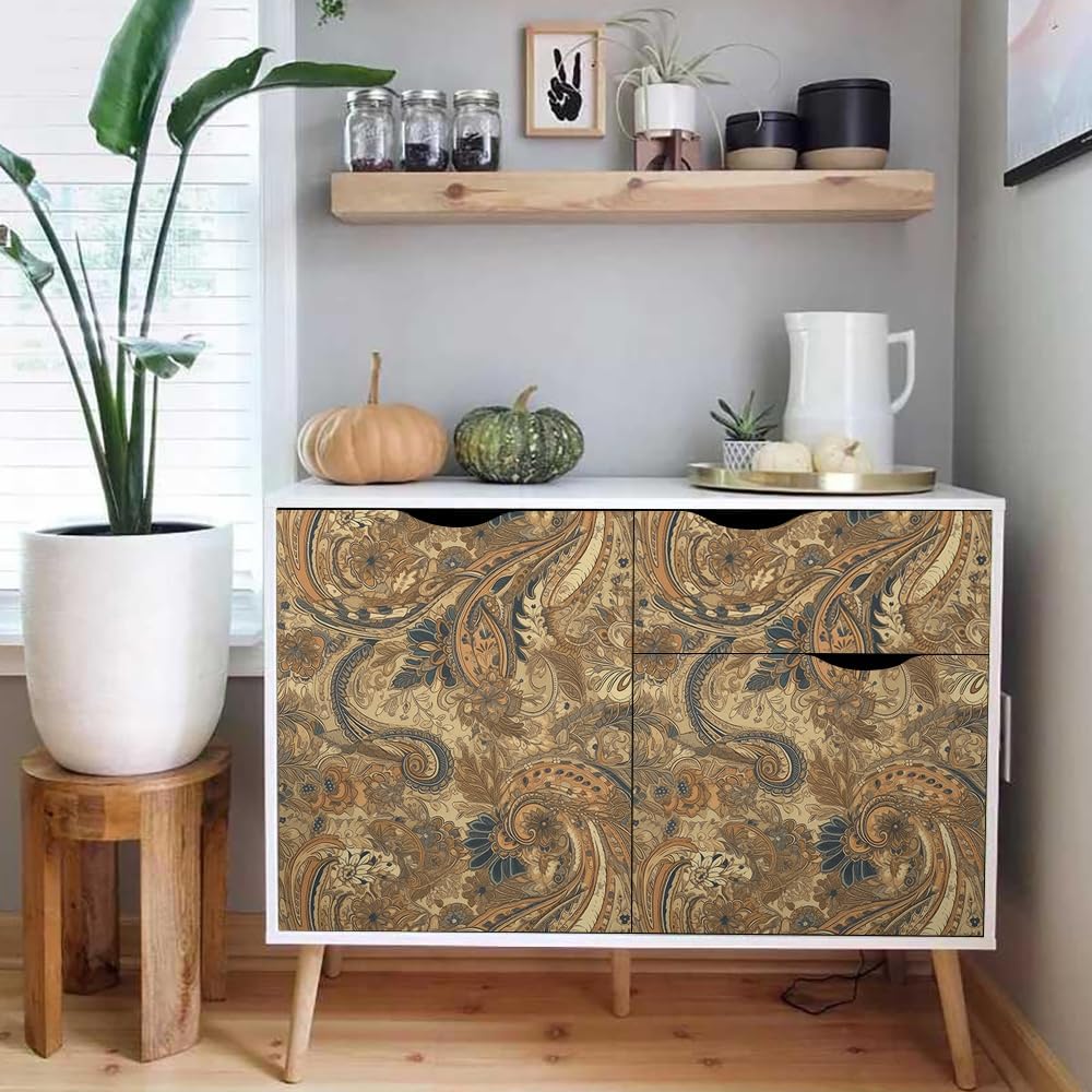 18"x236" Brown Vintage Boho Paisley Flower Peel and Stick Self Adhesive Wallpaper Removable Contact Paper Stick on Easy Peel Off Wall Paper for Kitchen Bedroom Bathroom Renter