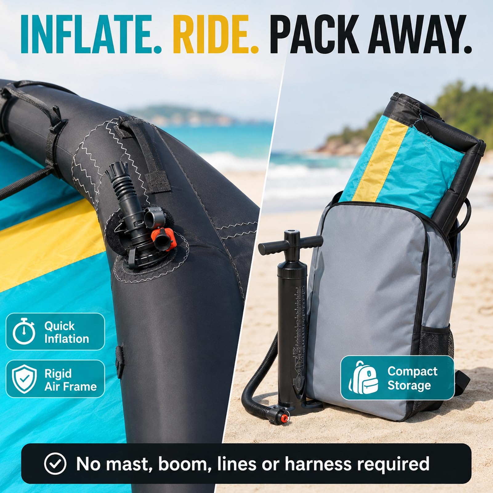 Ala Wing Hinchable de Mano para Windsurf, Surf y Deportes Acuáticos | Tamaños 4/5/6 m², Bomba y Bolsa de Transporte Incluidas, Uso Sin Arnés, Líneas ni Barra de Control